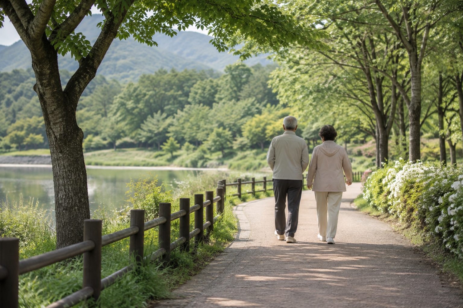 공원 길을 걷는 노년층의 뒷모습