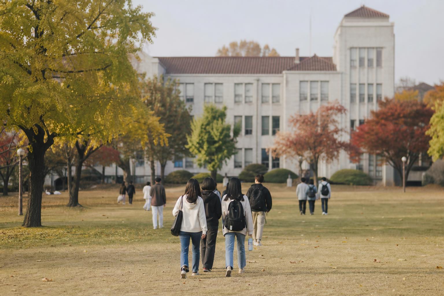 가을 햇살이 드는 한국 대학 캠퍼스의 잔디 광장과 강의동