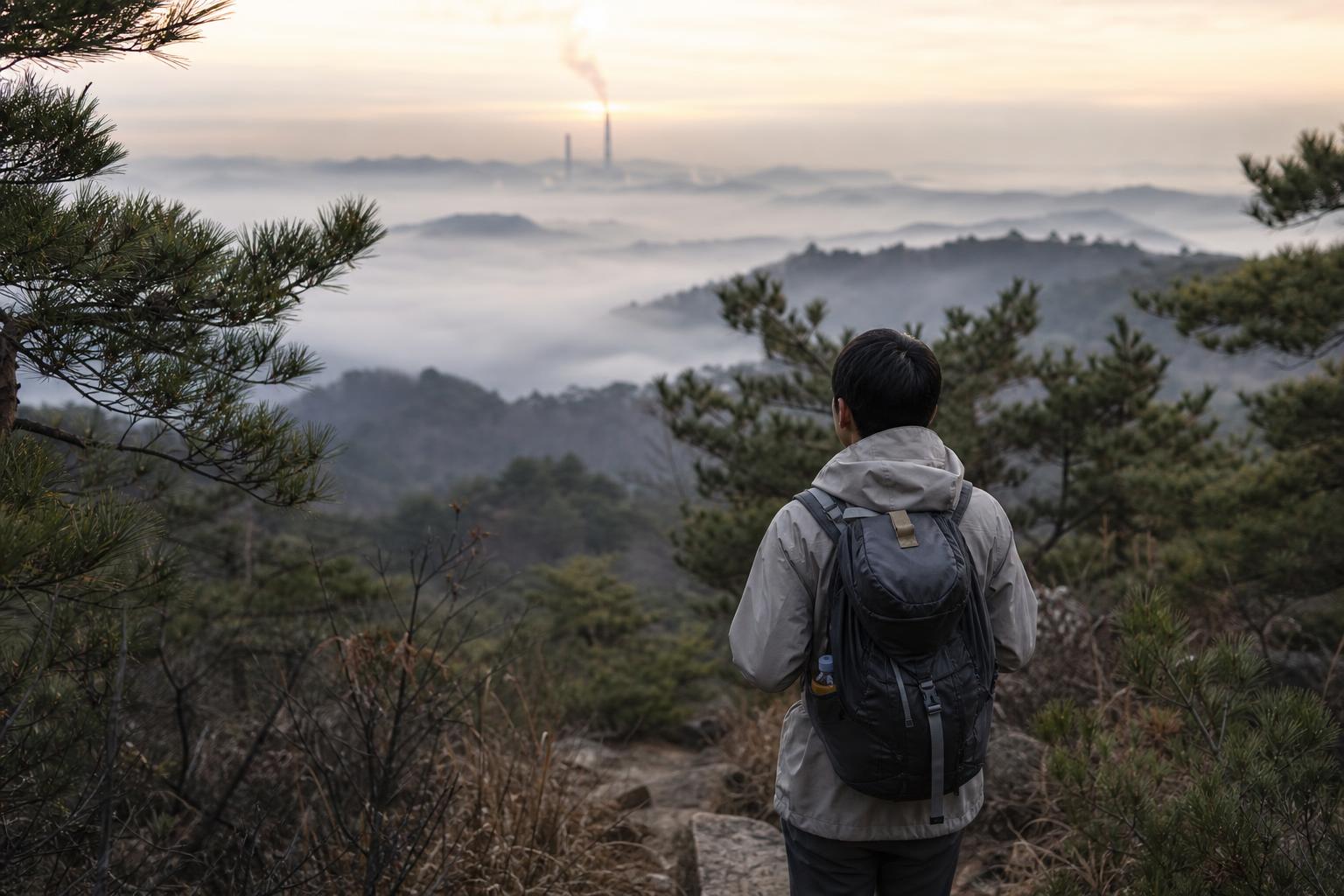 이른 아침 안개 낀 산자락 숲과 멀리 보이는 발전소 굴뚝을 옆에서 본 풍경