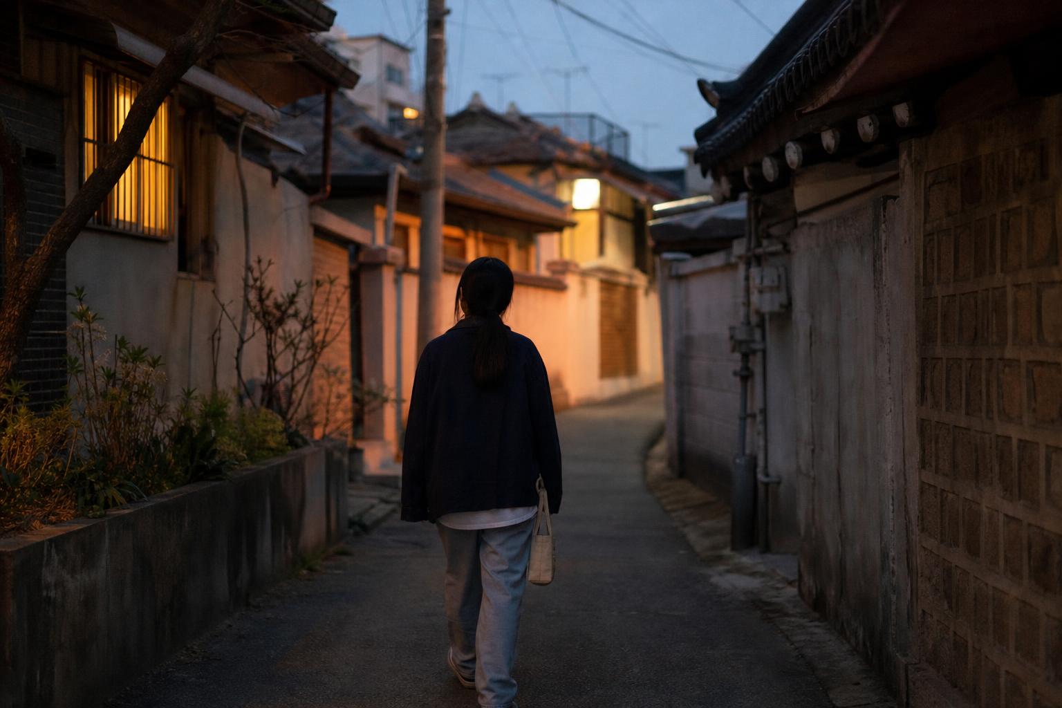 해 질 무렵 한국 주택가 골목을 걸어가는 청년의 뒷모습