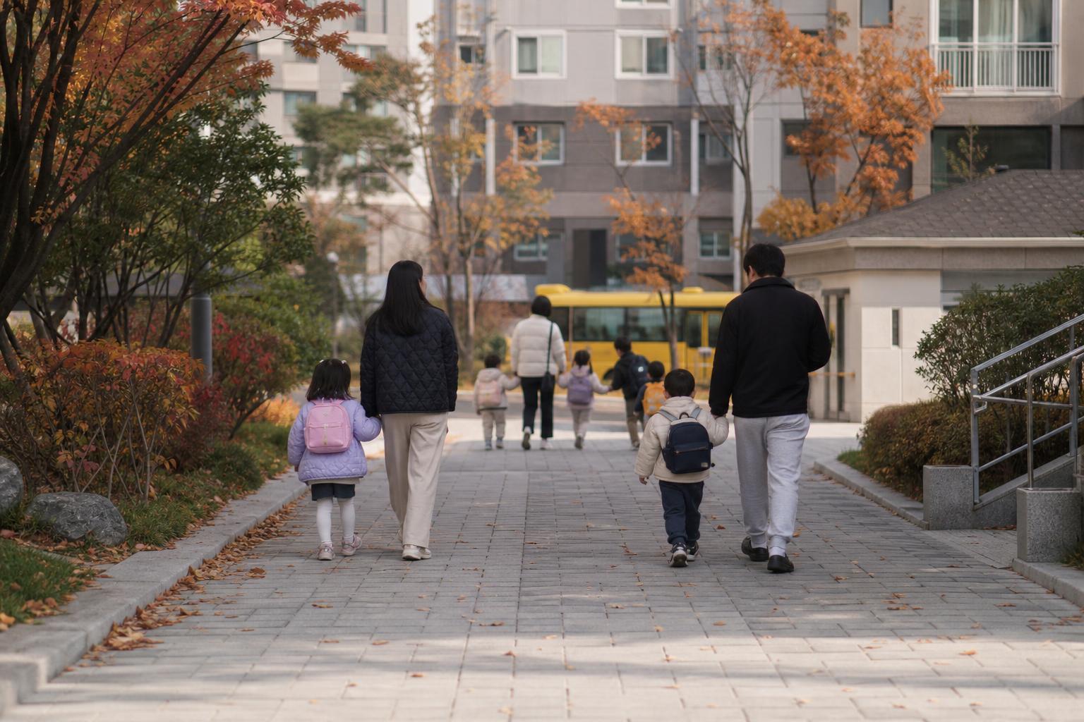 가을 아침 한국 아파트 단지 앞 어린이집 통학 차량 정류장