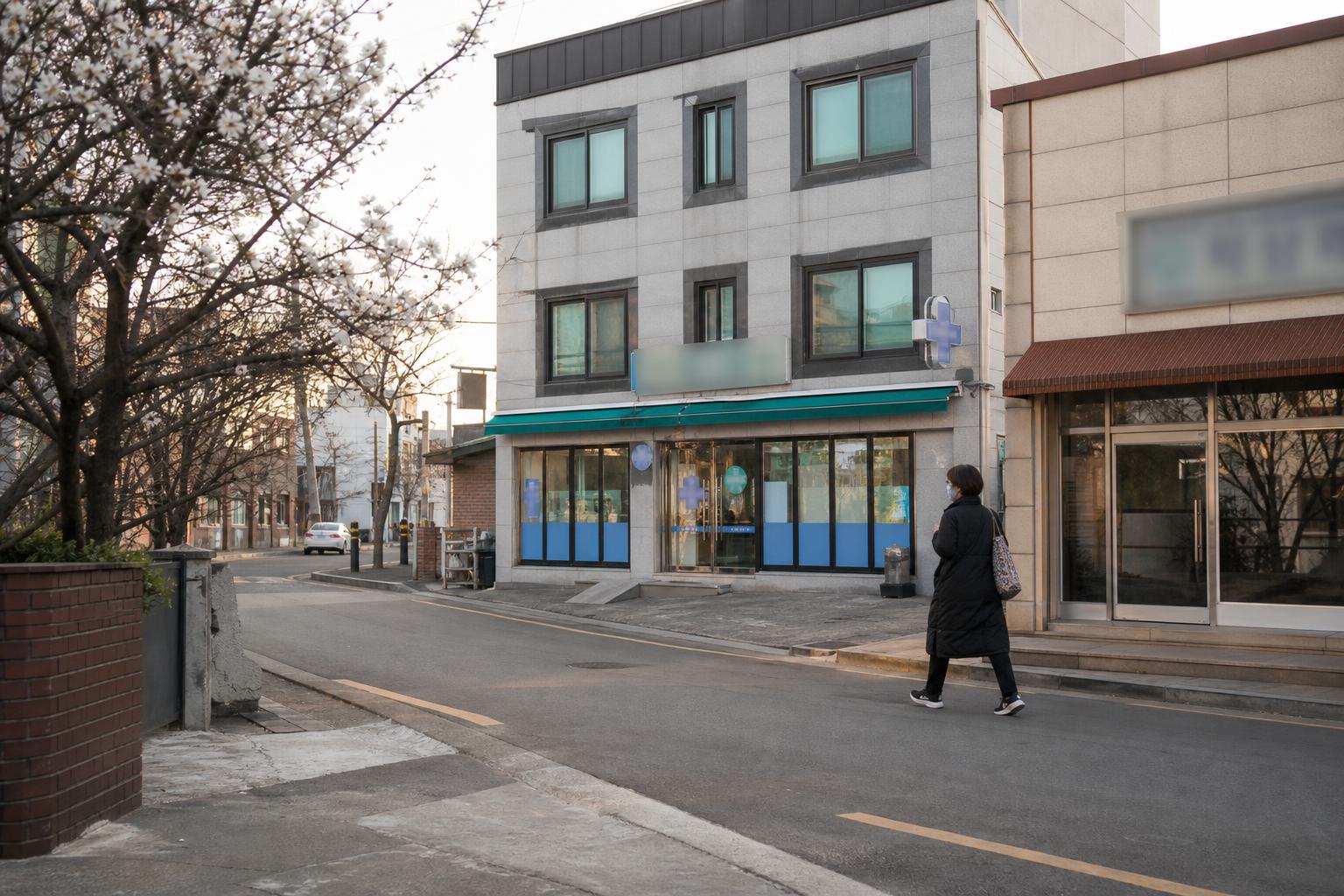 추석 연휴 한적한 동네 약국과 병원 간판이 보이는 거리 풍경