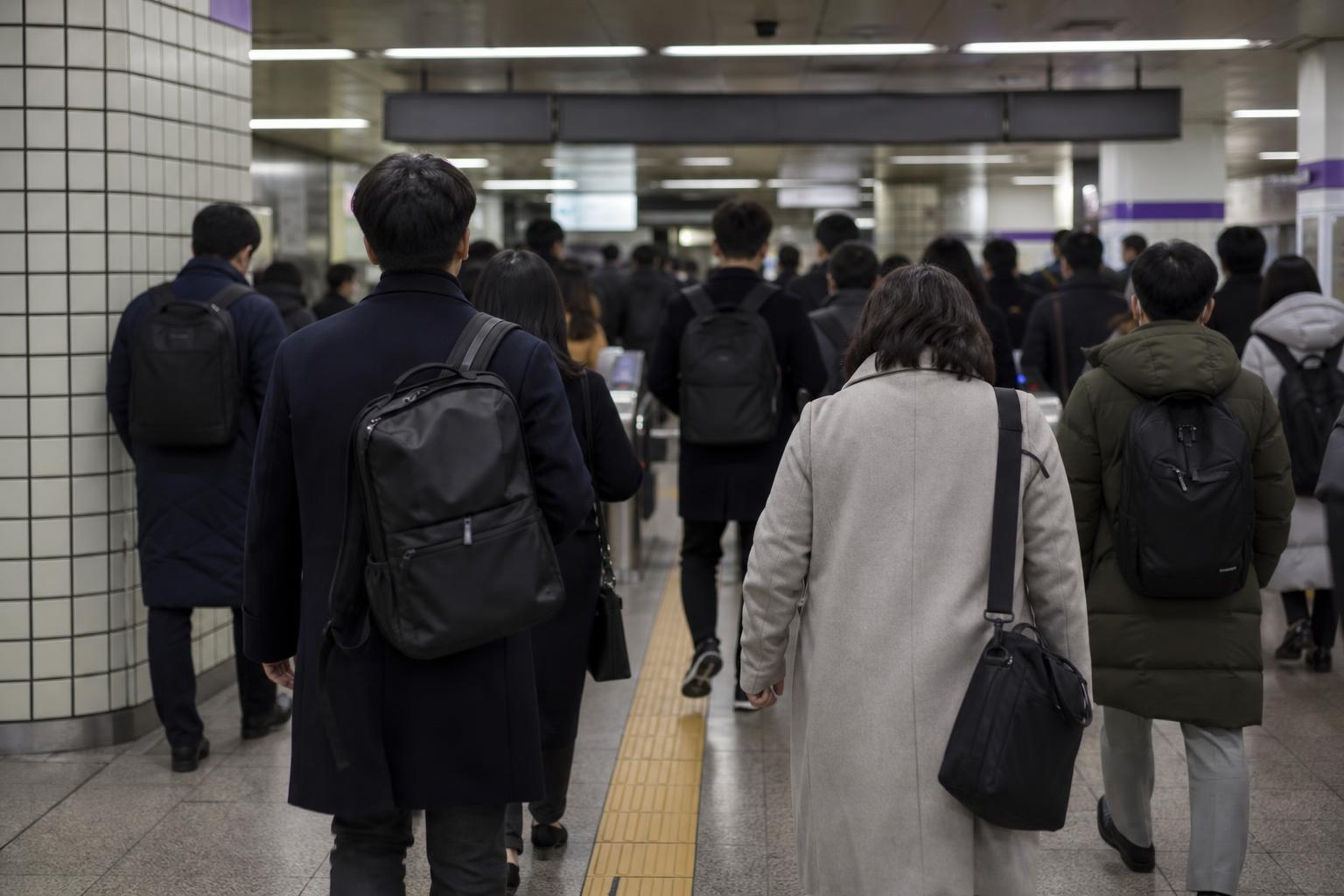아침 출근 시간 한국 지하철 승강장에서 개찰구 쪽으로 걸어가는 승객들의 뒷모습