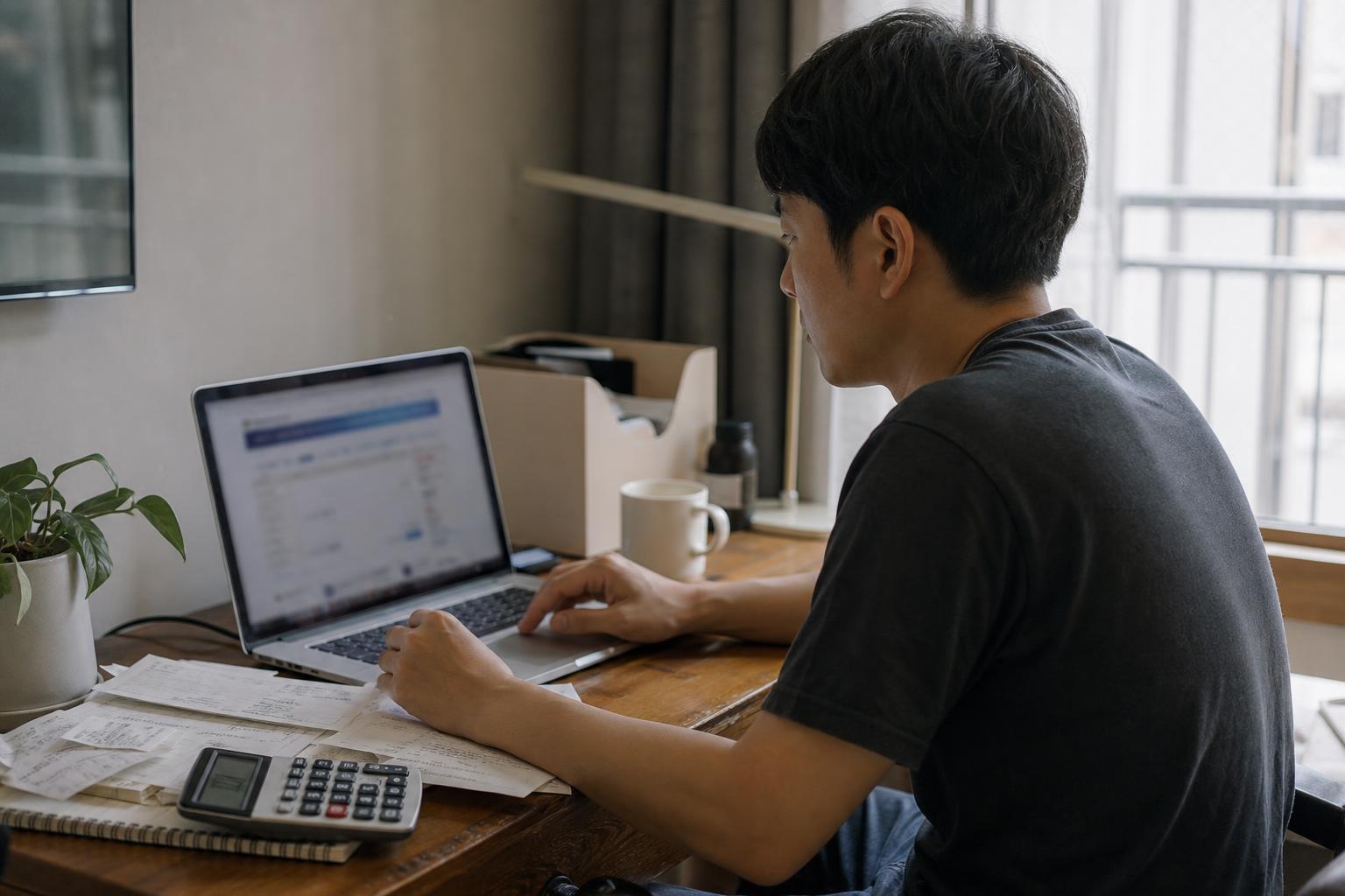 책상 위에 영수증과 계산기를 두고 노트북 화면을 보는 사람의 옆모습