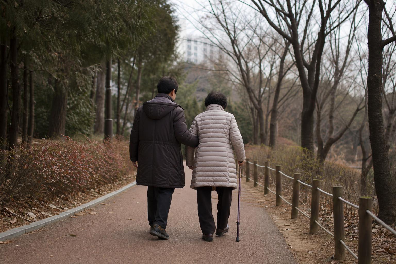 노부모의 손을 잡고 산책로를 걷는 중년 자녀의 뒷모습