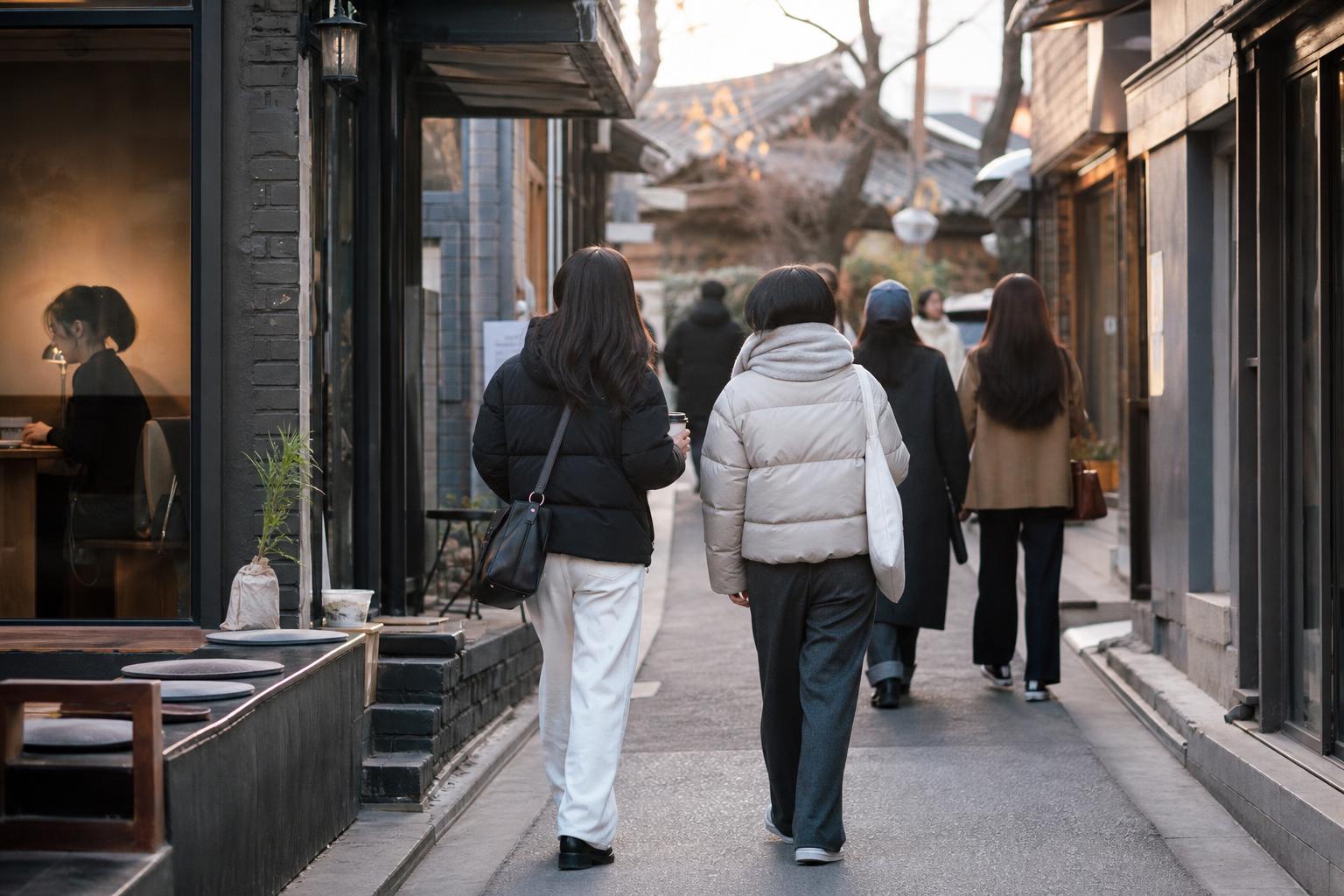 한국의 카페 거리에서 손에 컵을 든 사람들이 걸어가는 뒷모습