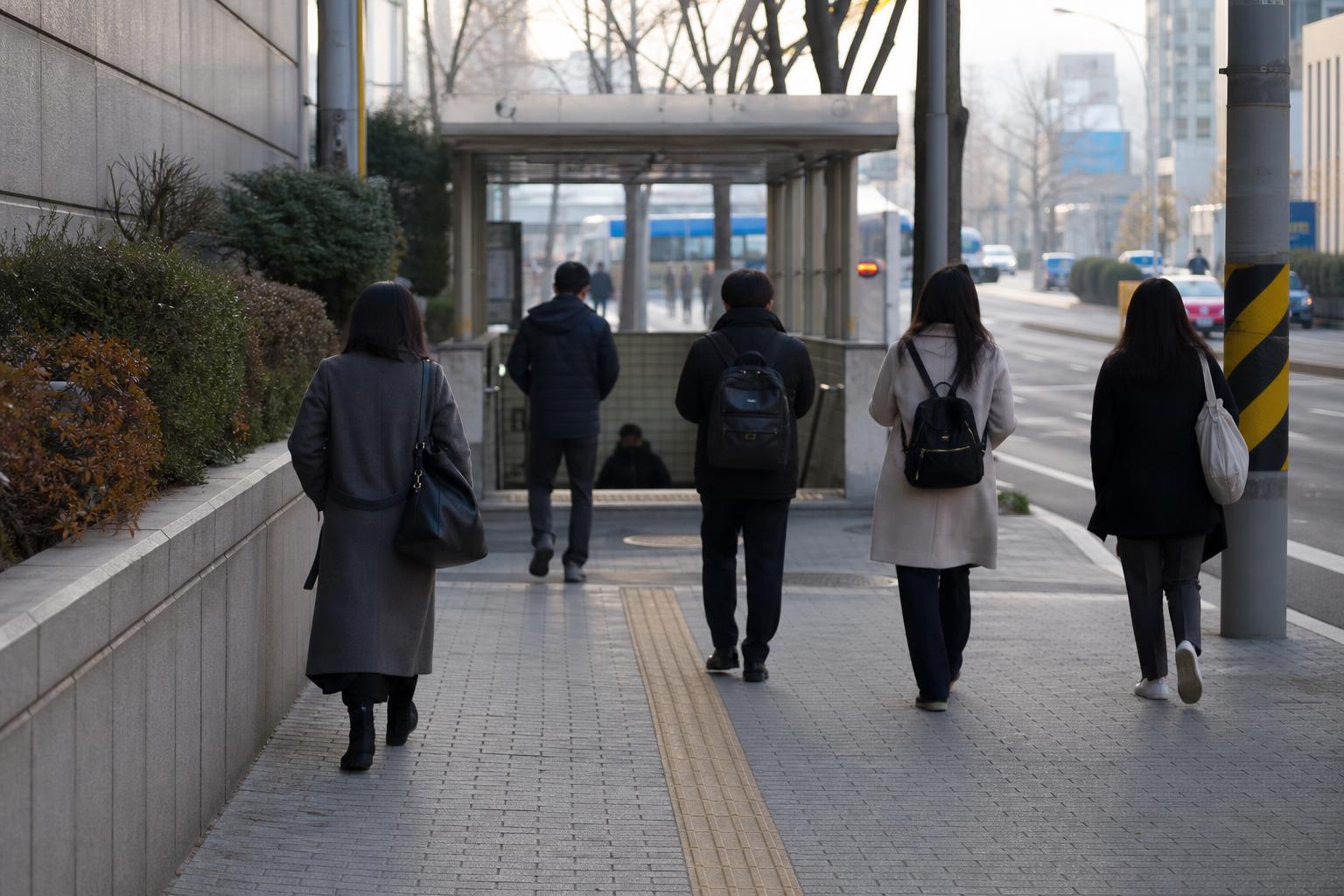 이른 아침 지하철역 입구로 걸어가는 사람들의 뒷모습