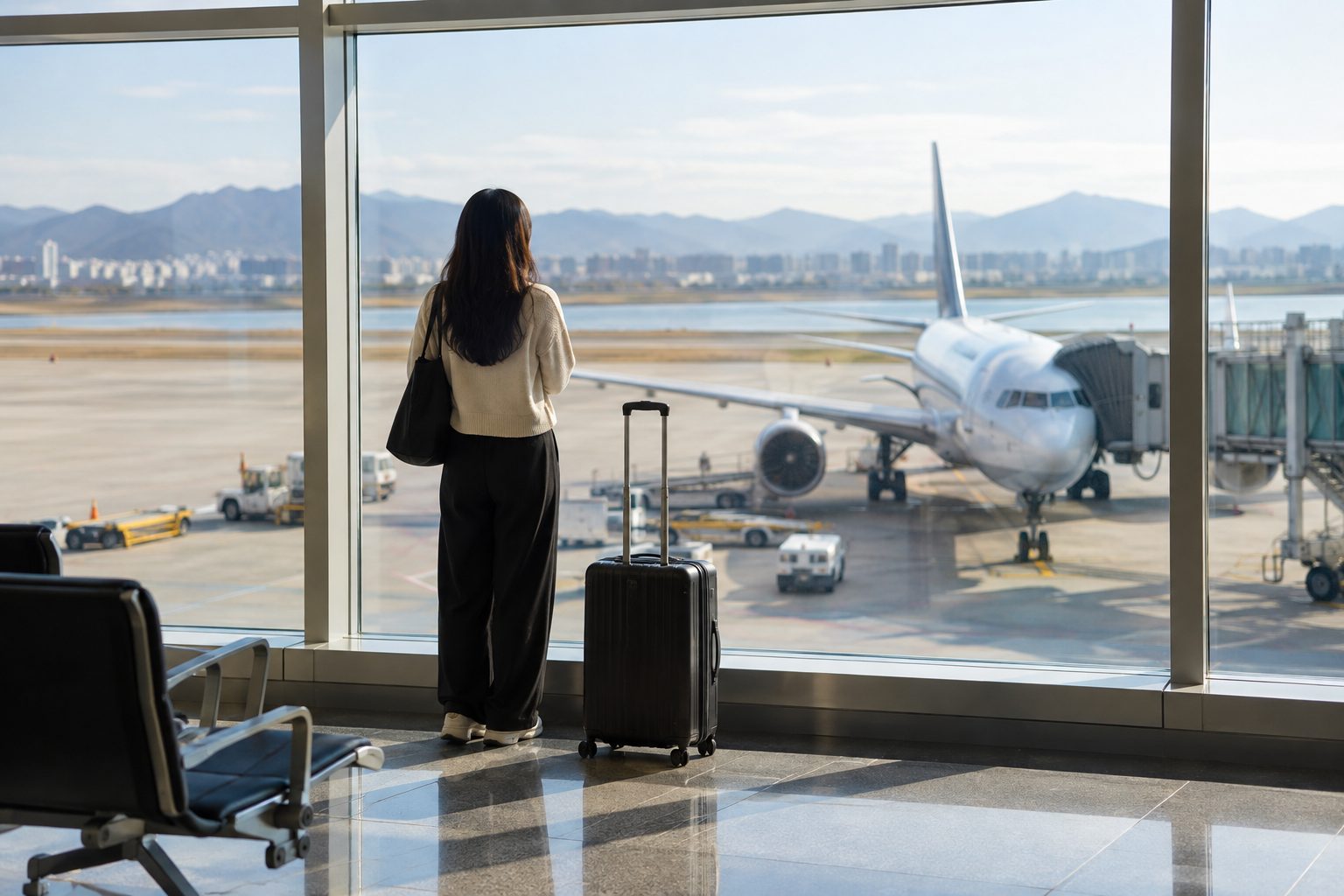 공항 창가에 놓인 여행 가방