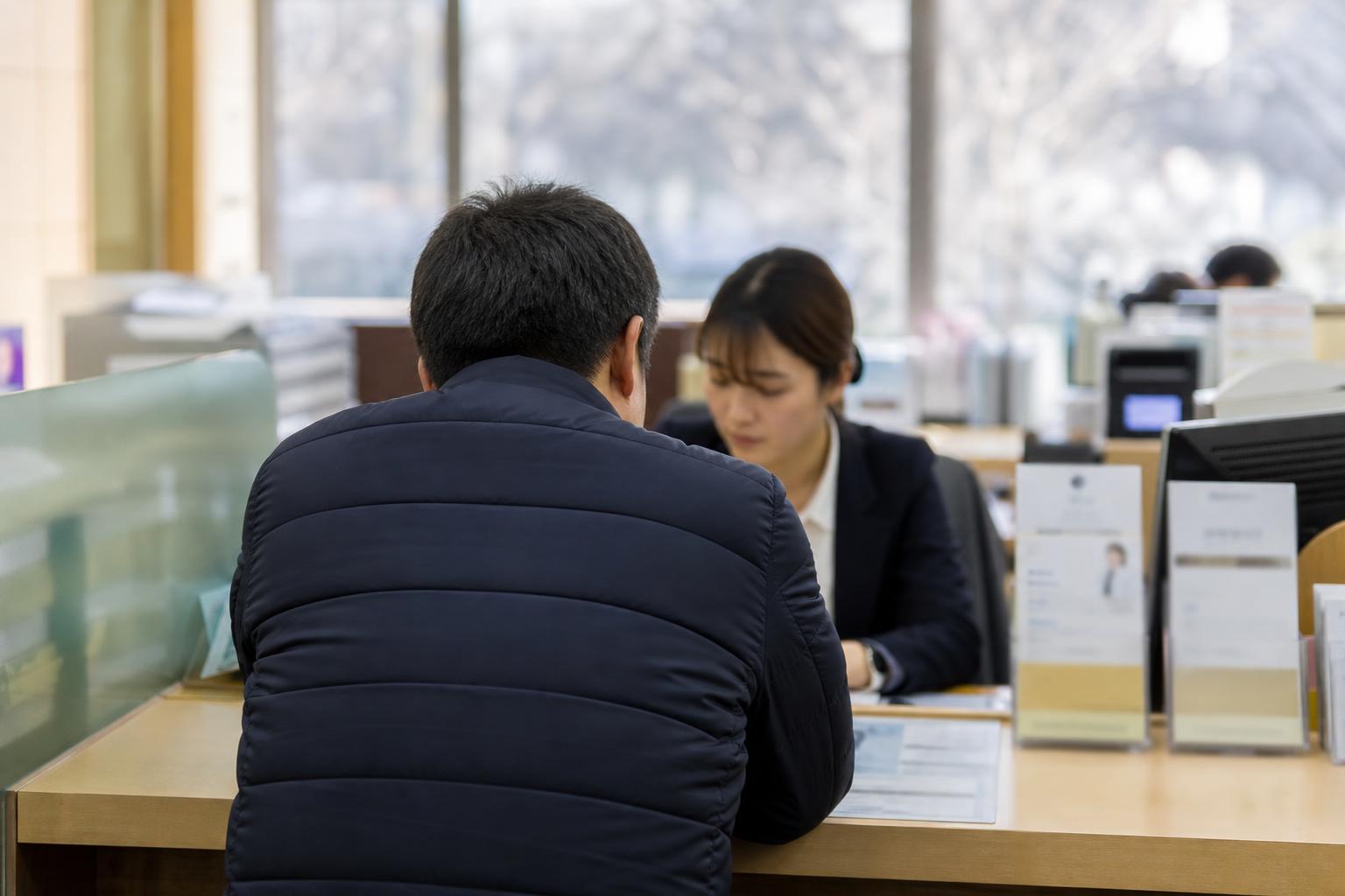은행 대출 상담 창구에 앉아 있는 사람의 뒷모습