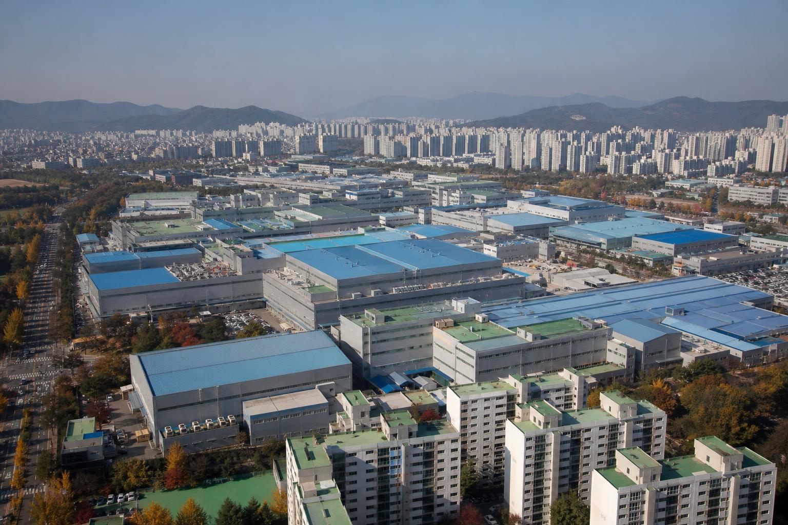 맑은 가을 아침 한국의 반도체 공장 단지와 주변 아파트 단지를 내려다본 모습