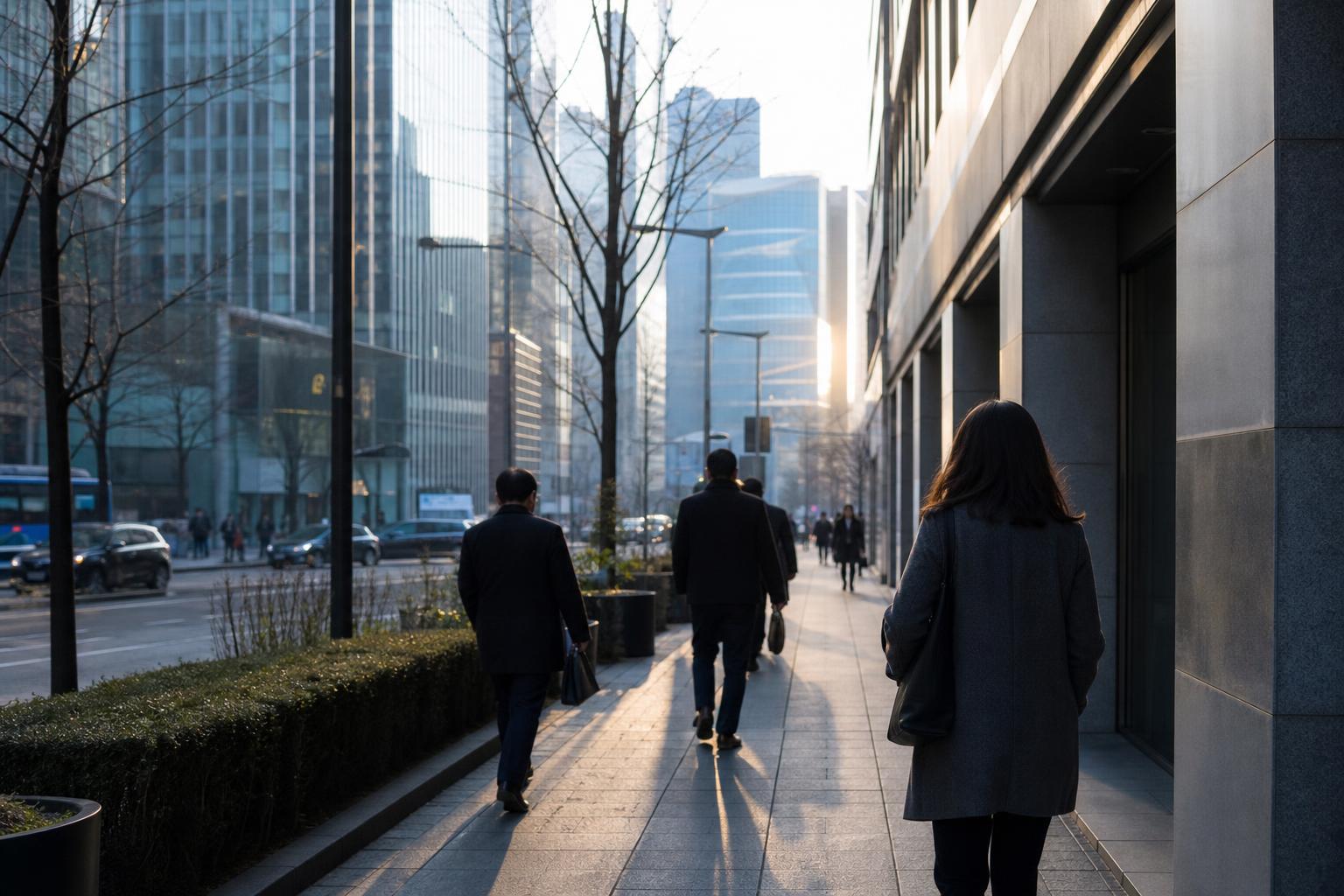 아침 햇빛이 드는 서울 중구 업무지구의 사무용 빌딩 거리