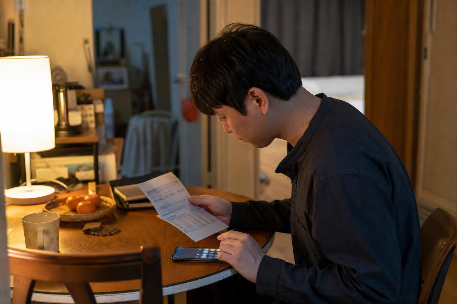 저녁에 식탁에서 급여명세서를 들여다보는 사람의 옆모습