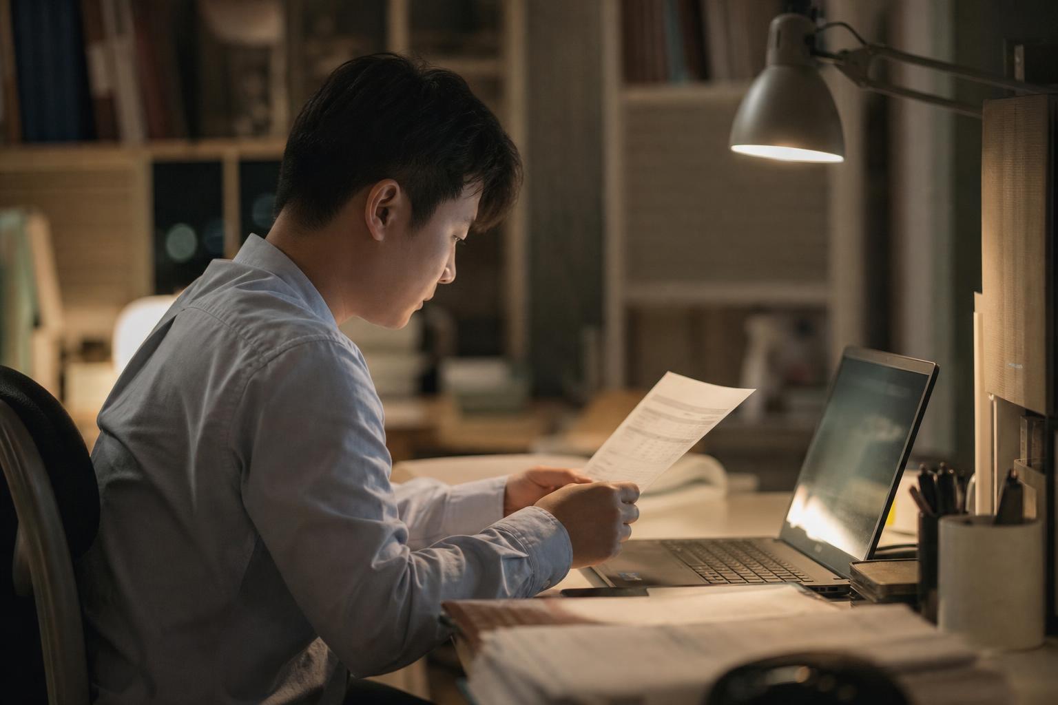 월급명세서를 책상에 펼쳐 놓고 살피는 직장인의 옆모습