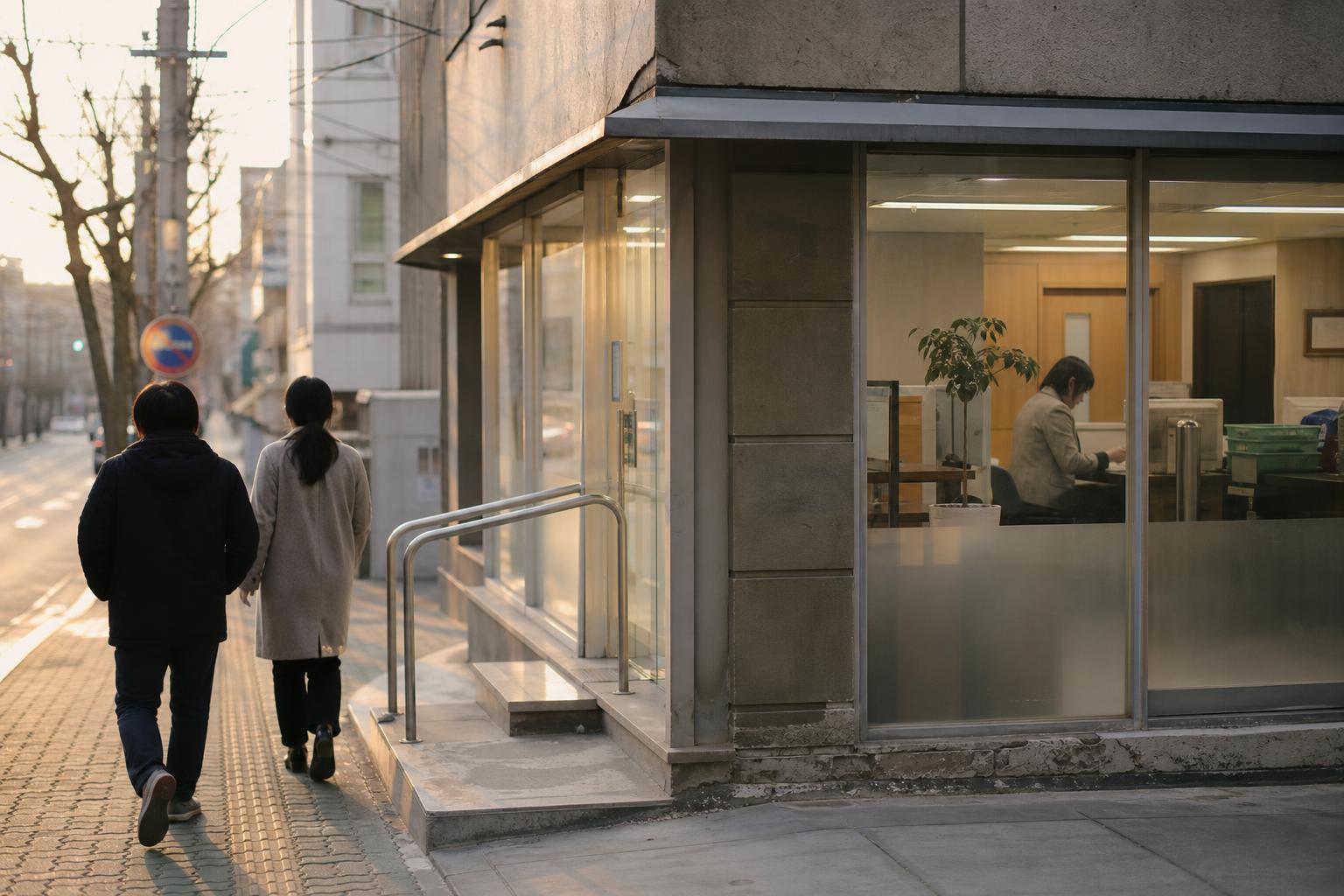 이른 아침 한산한 은행 지점 입구를 지나가는 사람들의 뒷모습