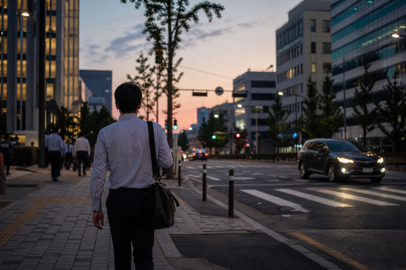 퇴근 시간 한국의 도심 거리에서 서류 가방을 든 사람의 뒷모습