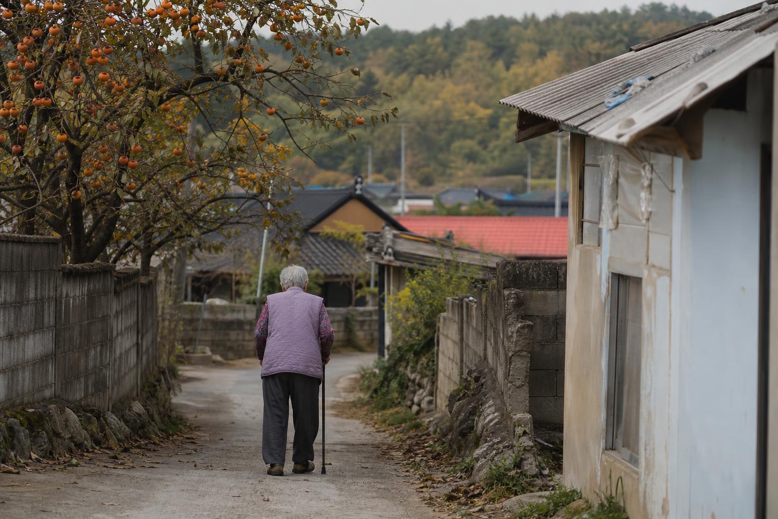 조용한 한국 농촌 마을 골목을 걸어가는 어르신의 뒷모습