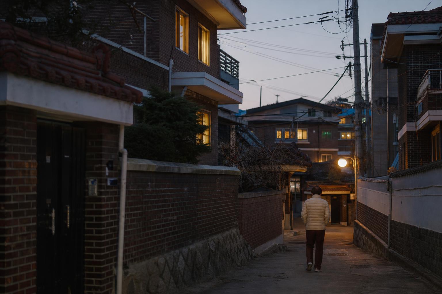 해 질 무렵 한국의 빌라 밀집 주택가 골목 풍경