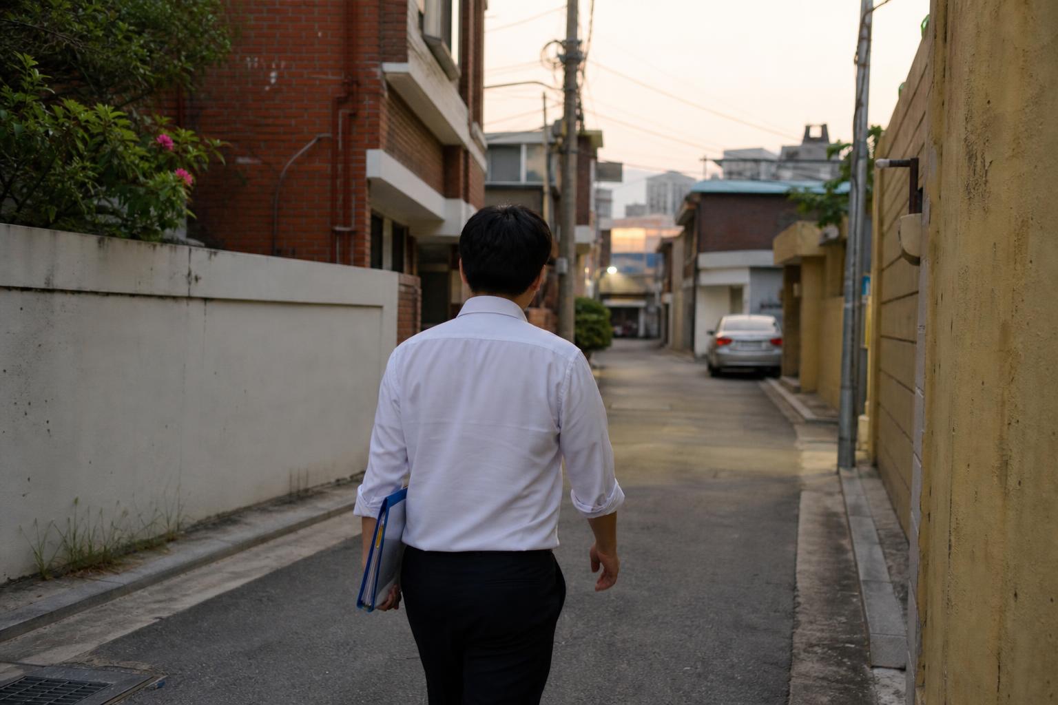 빌라가 늘어선 한국의 주택가 골목을 걷는 사람의 뒷모습