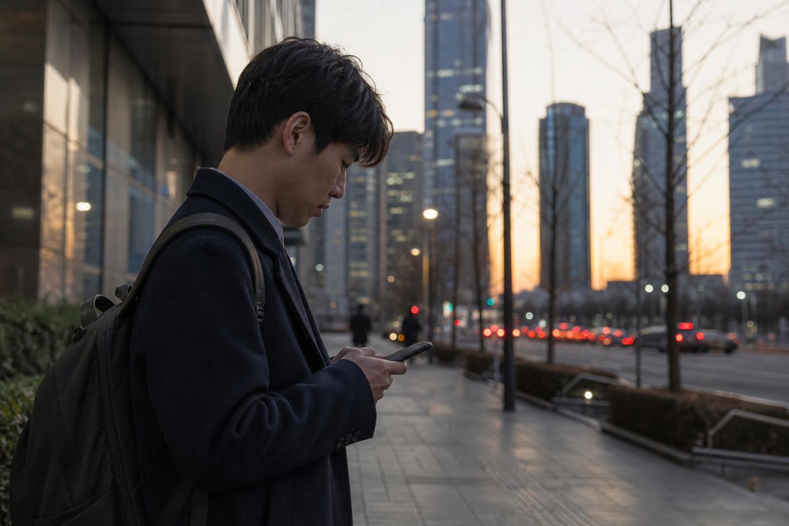 서울 여의도 금융가의 전경과 퇴근길에 스마트폰을 보는 사람의 옆모습