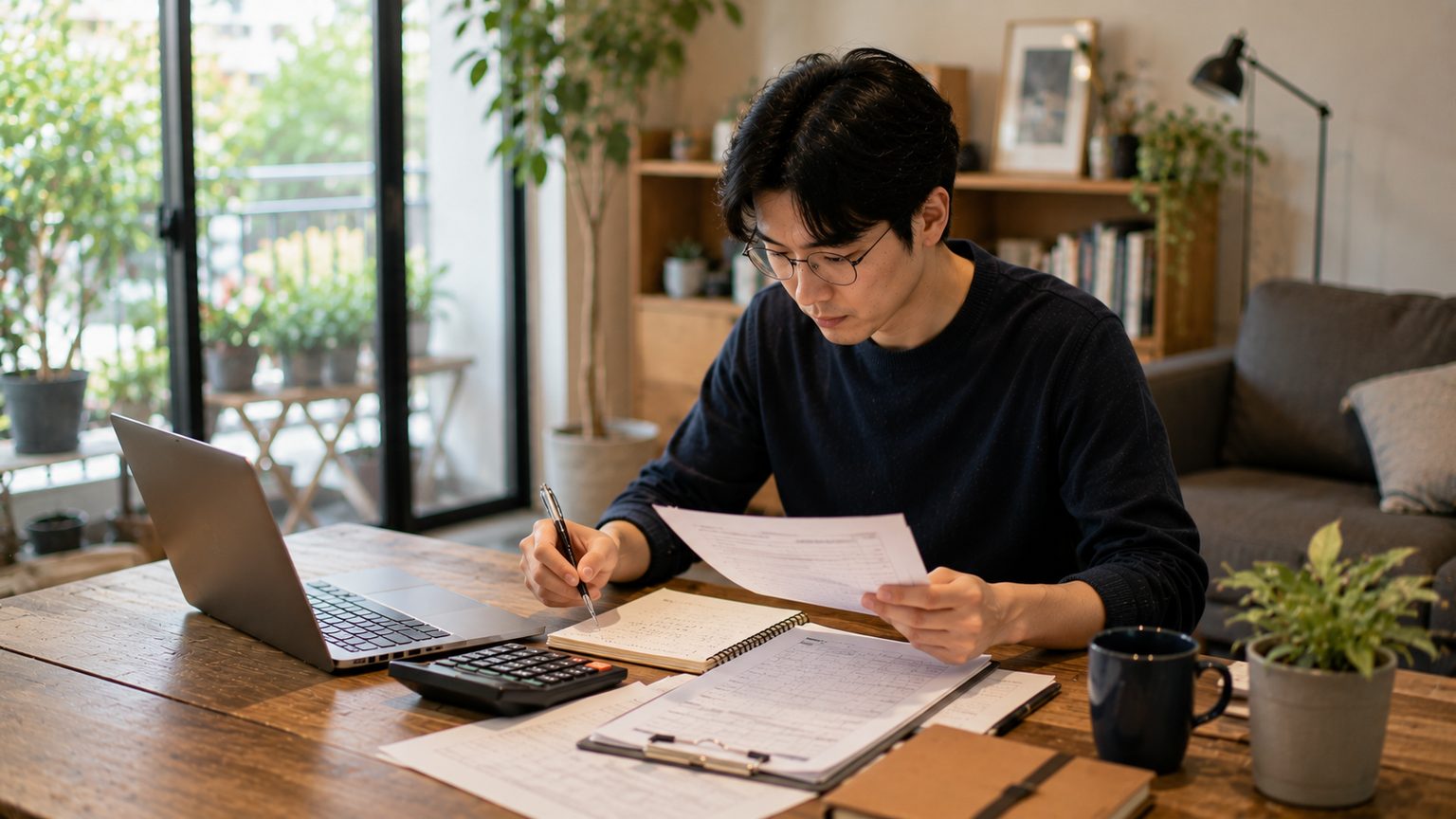 거실 책상에서 남성이 서류를 보는 모습
