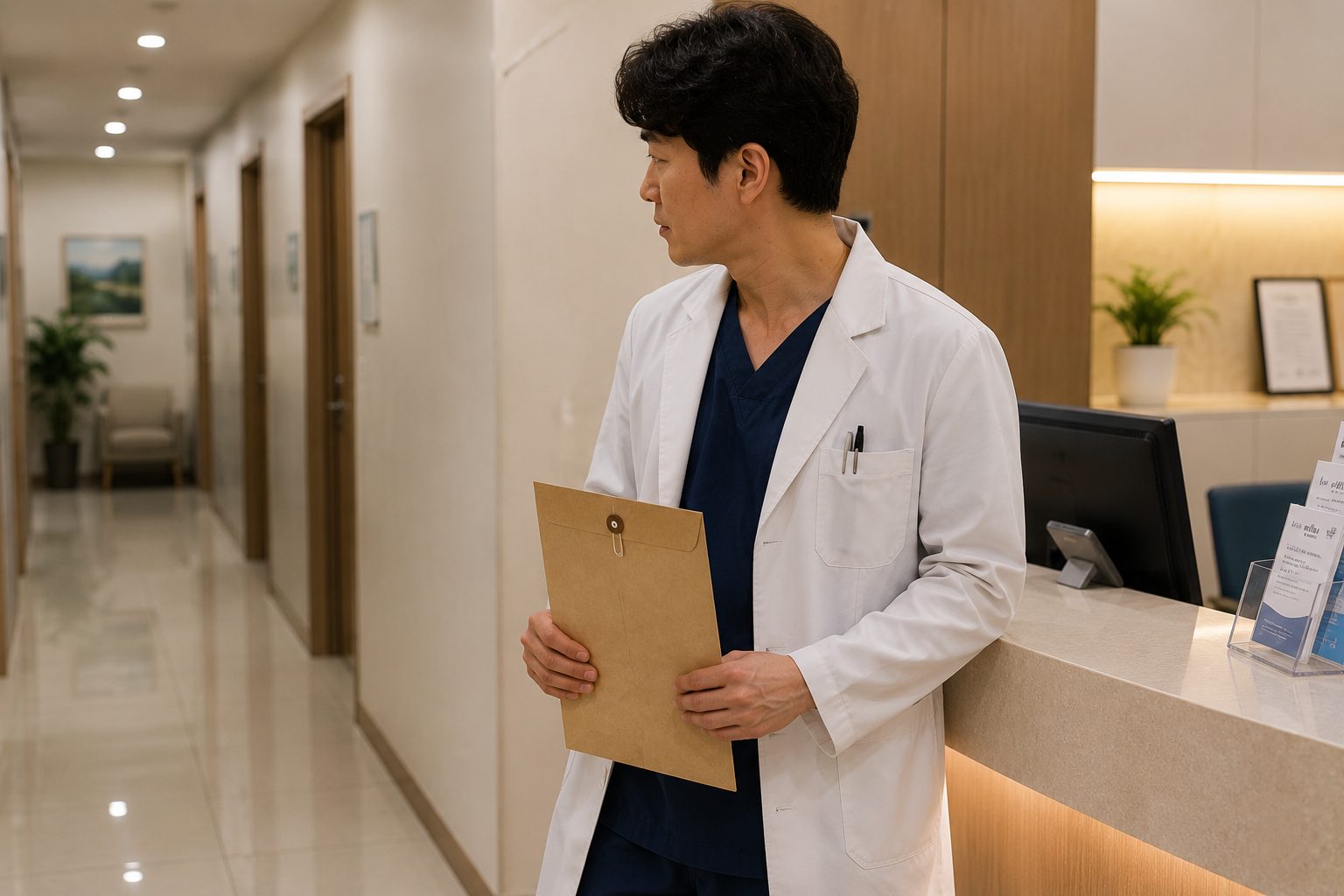 병원 복도에서 의사가 클립보드를 들고 걷는 모습