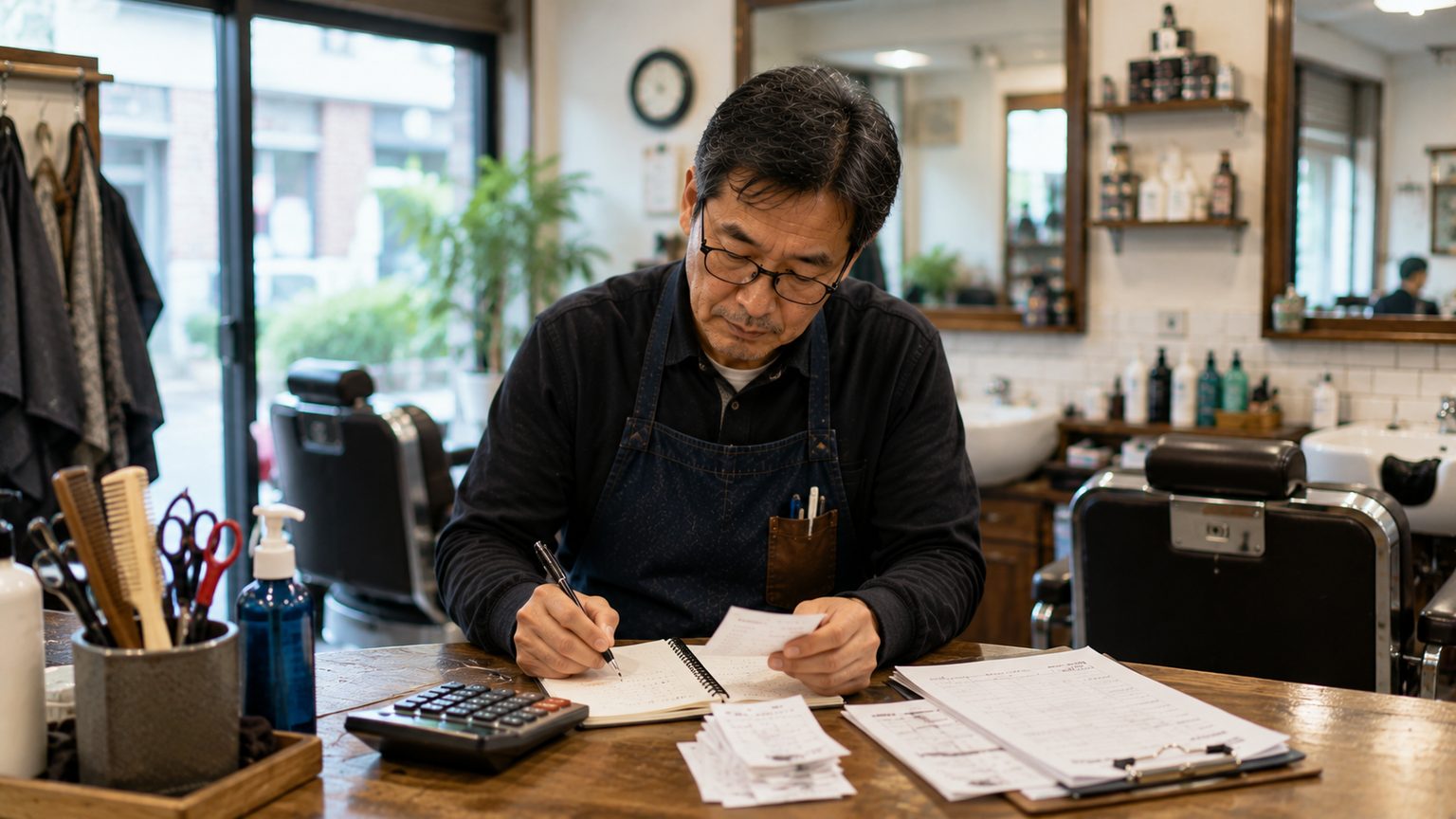매장에서 남성이 계산기와 클립보드로 기록하는 모습