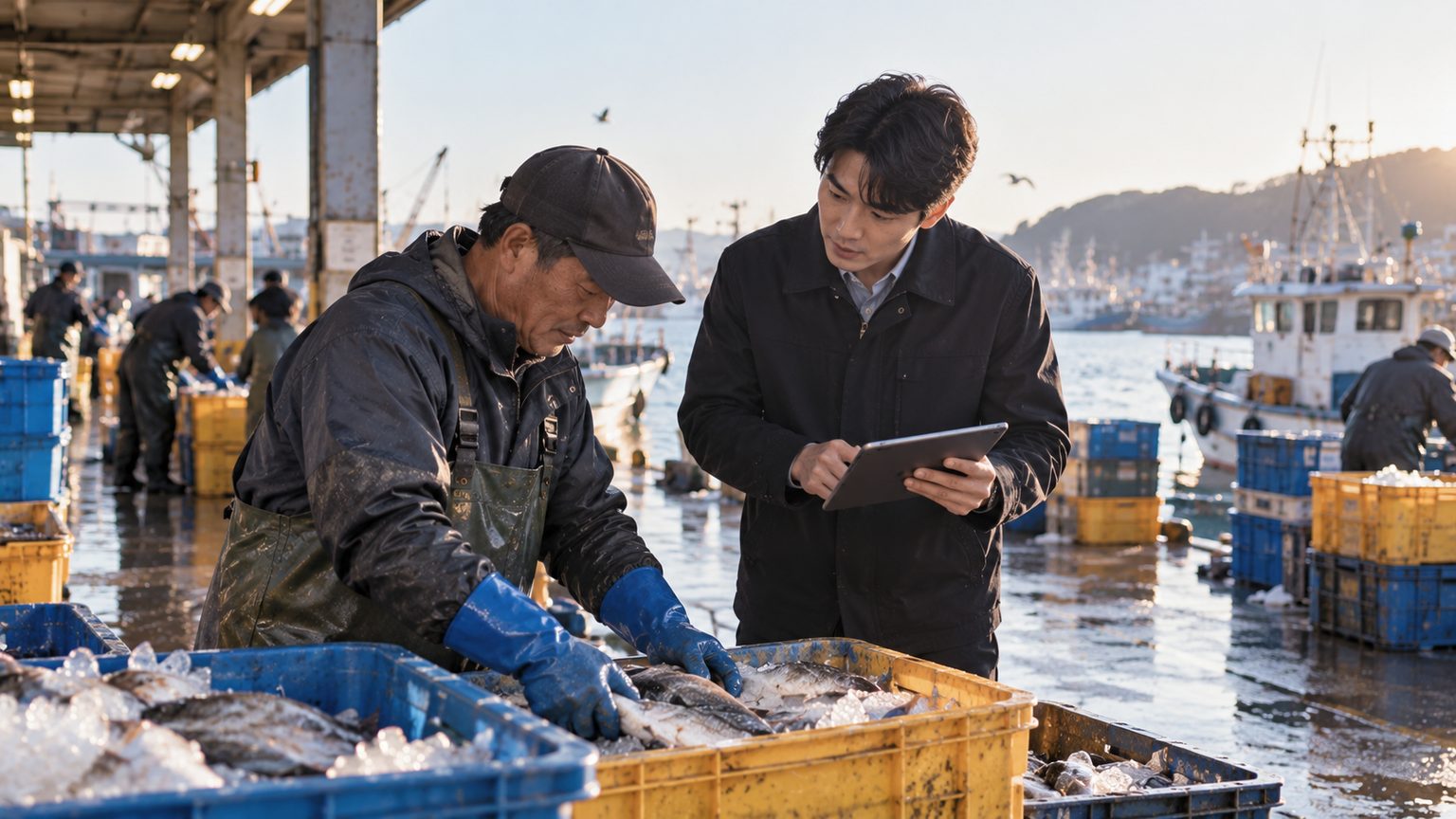 어시장에서 남성들이 태블릿을 확인하는 모습