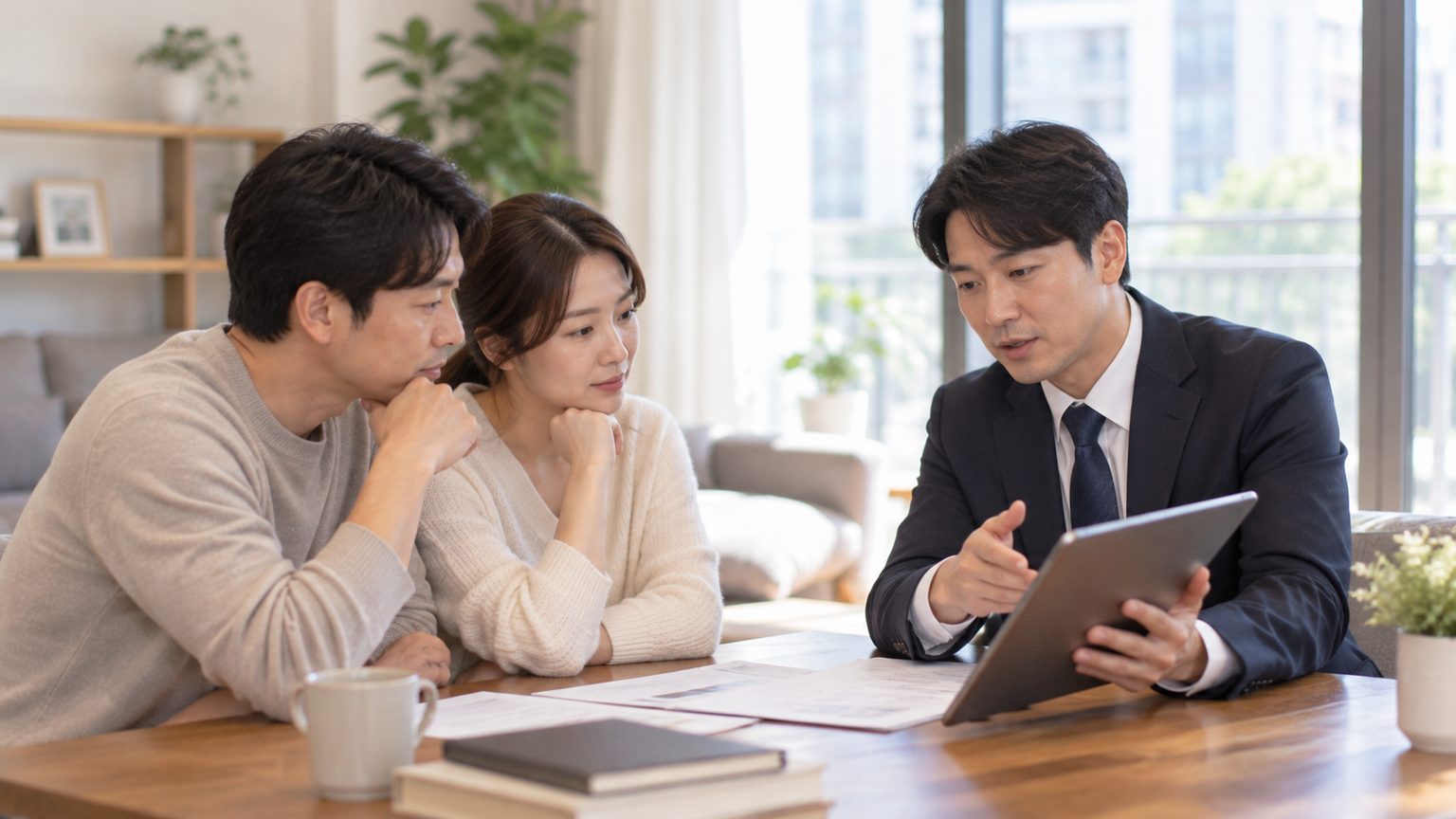 테이블에서 세 사람이 태블릿을 보며 상의하는 모습