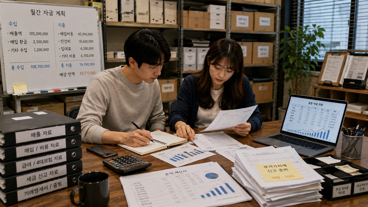 사무실에서 두 사람이 자금 계획 서류를 보는 모습