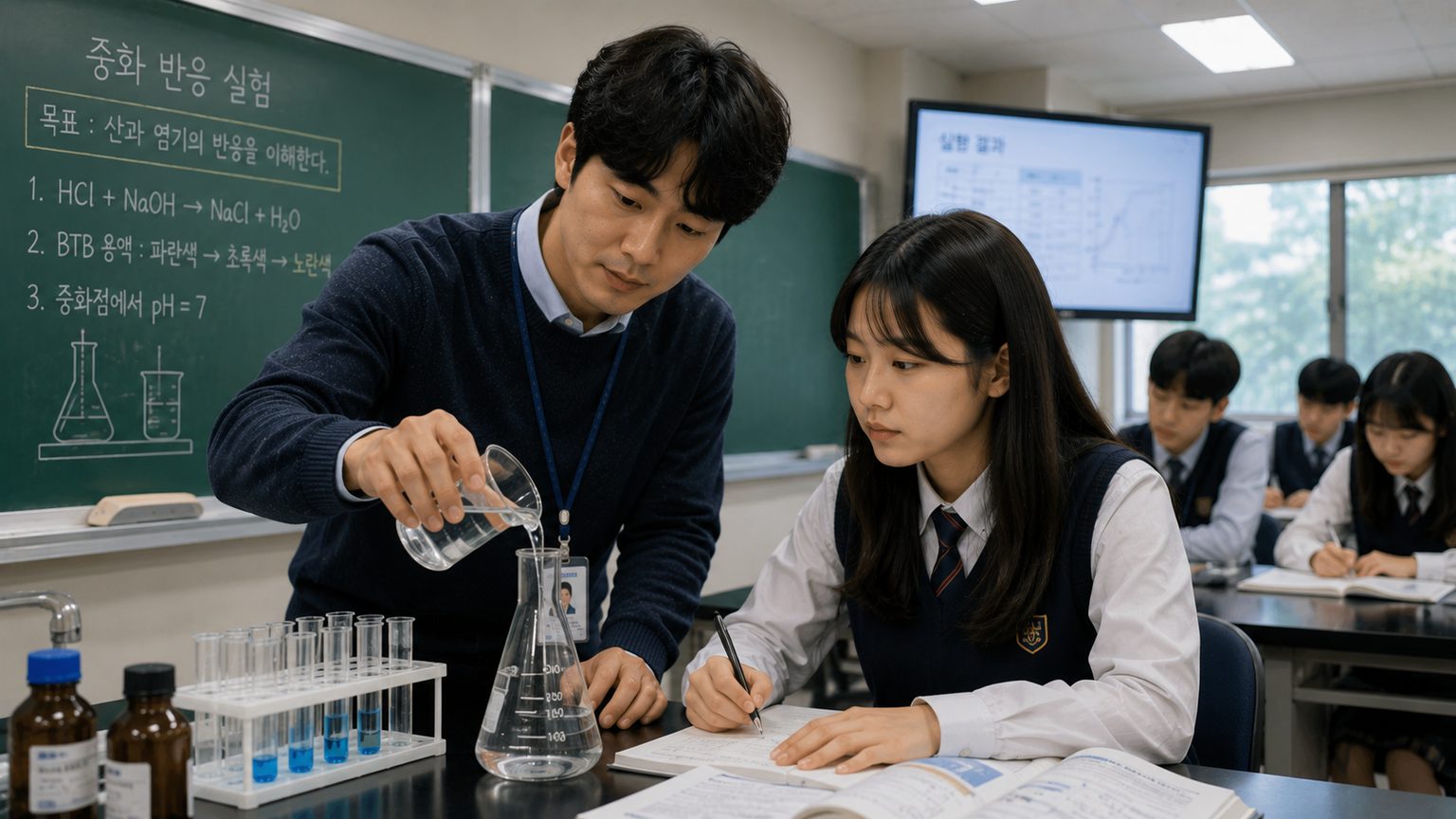 교실에서 교사가 학생에게 실험을 설명하는 모습