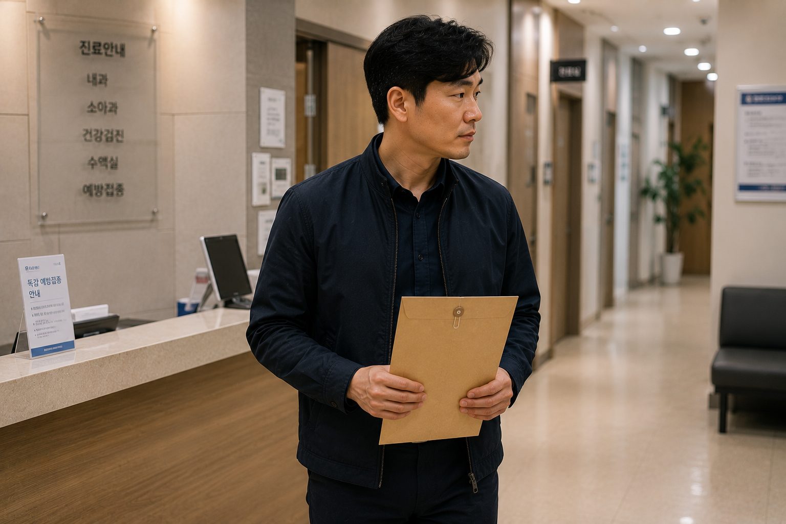 사무실 복도에서 남성이 서류 봉투를 들고 걷는 모습