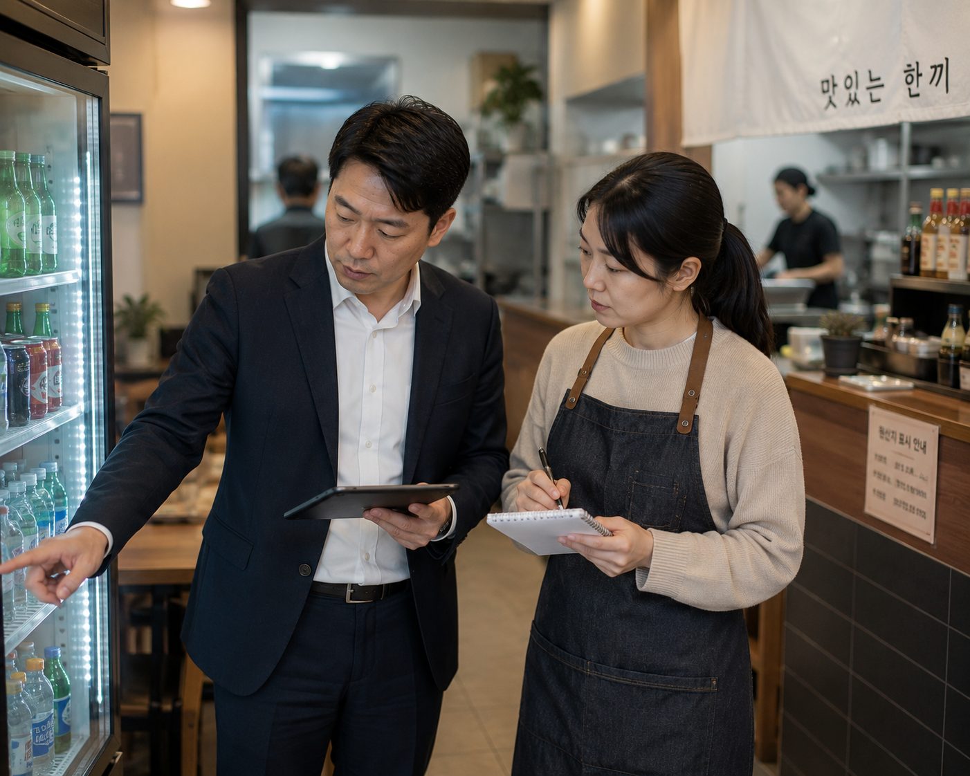 매장에서 두 사람이 태블릿을 보며 대화하는 모습