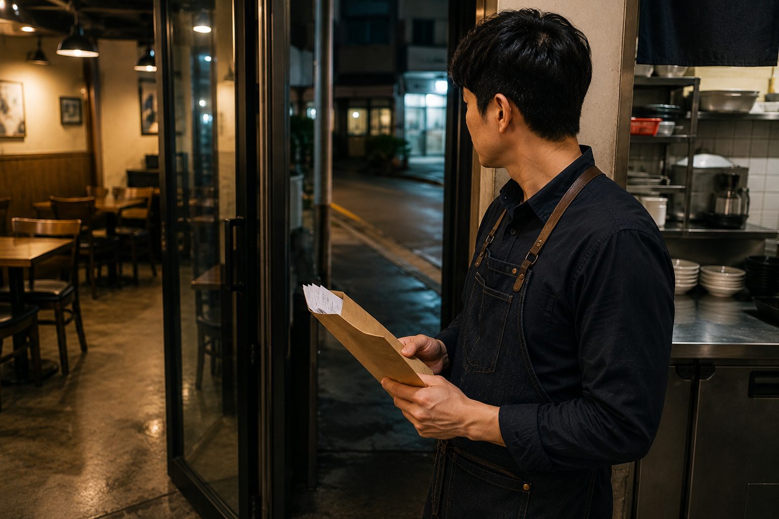 가게 안에서 남성이 봉투를 들고 서 있는 모습
