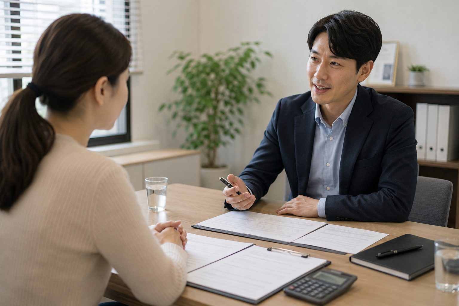 사무실에서 두 사람이 마주앉아 이야기하는 모습