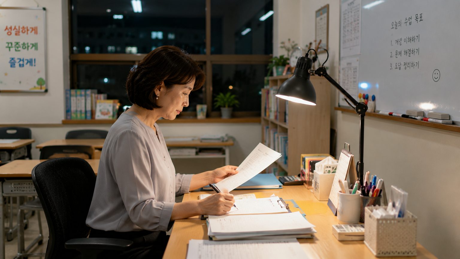 사무실 책상에서 서류를 검토하는 여성