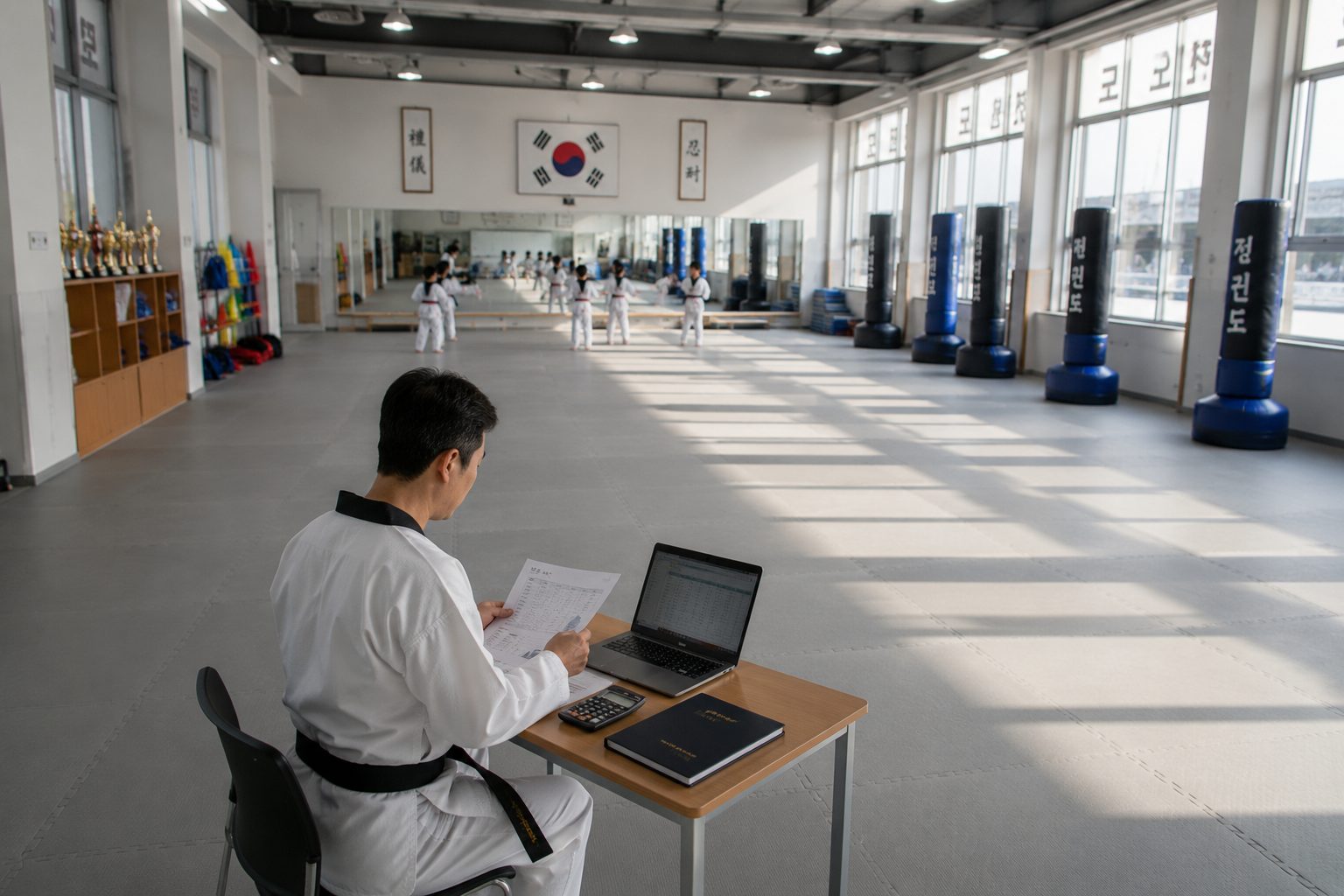 태권도장에서 로봇 옆에 앉아 노트북을 보는 남성
