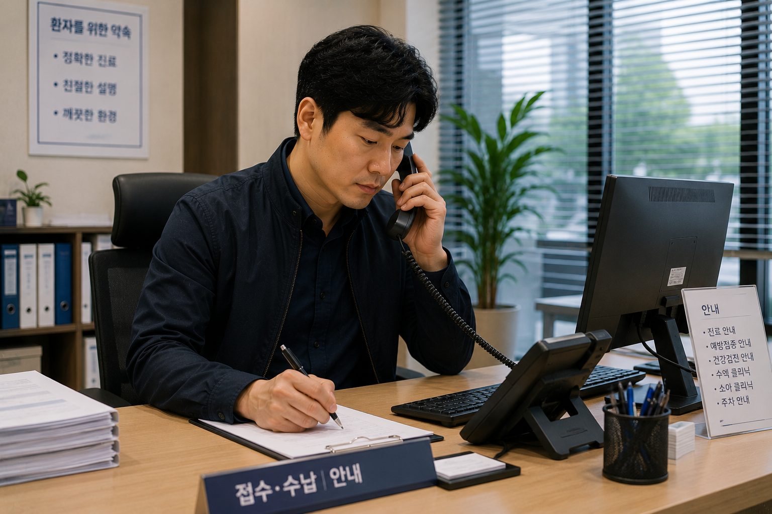 사무실에서 남성이 전화하며 메모하는 모습