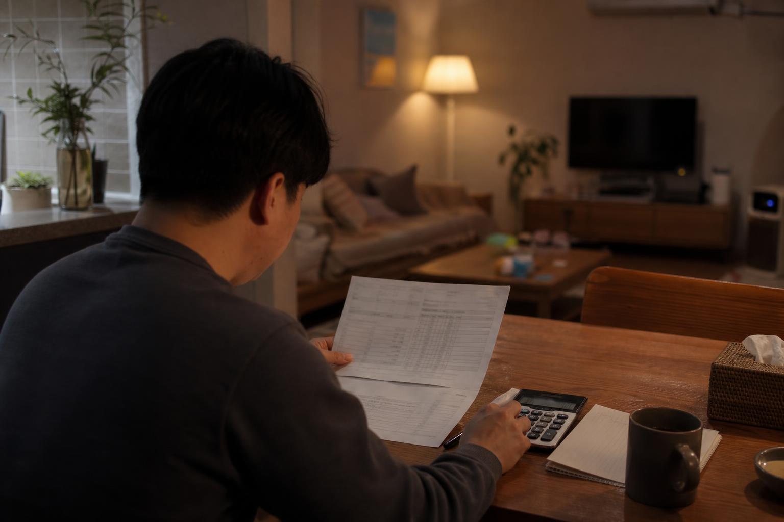 저녁 시간 식탁에 앉아 대출 상환 계획표를 살펴보는 사람의 뒷모습