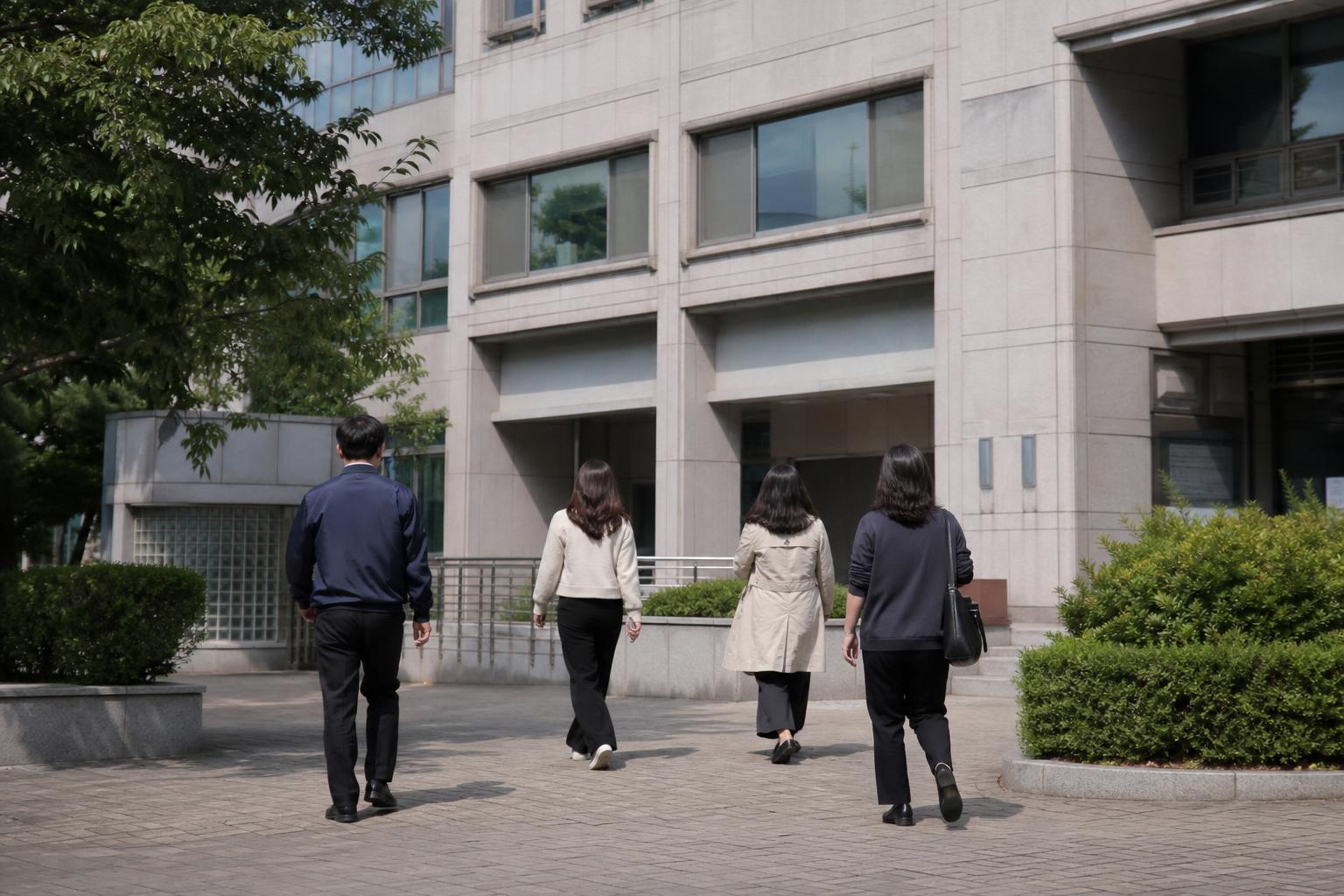 한국의 구청 앞 거리를 걷는 사람들의 뒷모습
