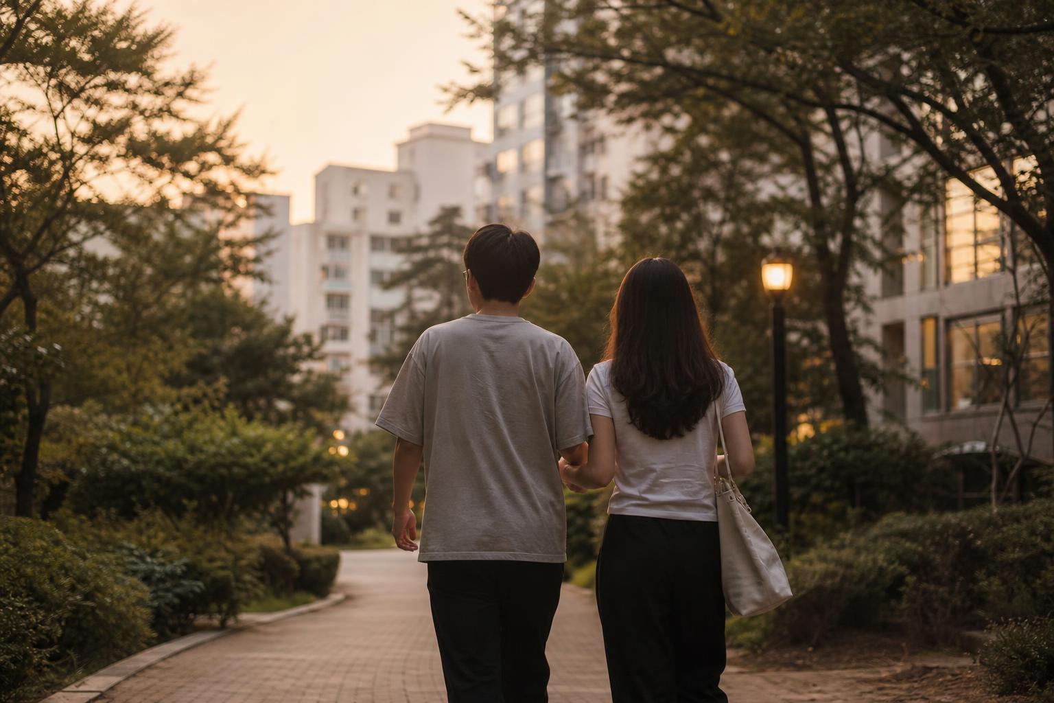 해 질 녘 아파트 단지 산책로를 나란히 걷는 부부의 뒷모습