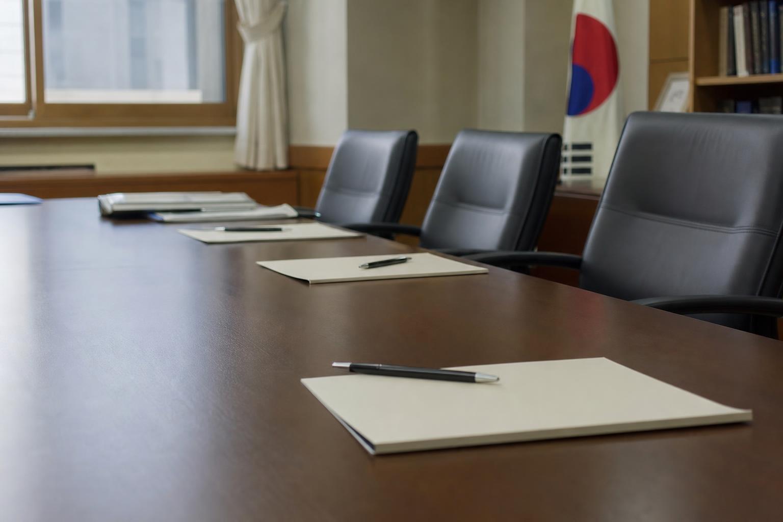 회의실 탁자 위에 놓인 서류철과 펜