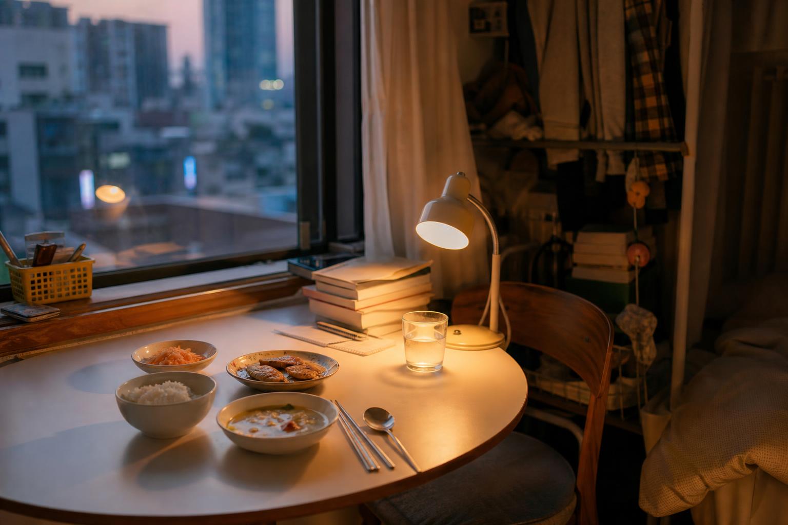 좁은 원룸 창가에 놓인 혼자만의 저녁 식탁