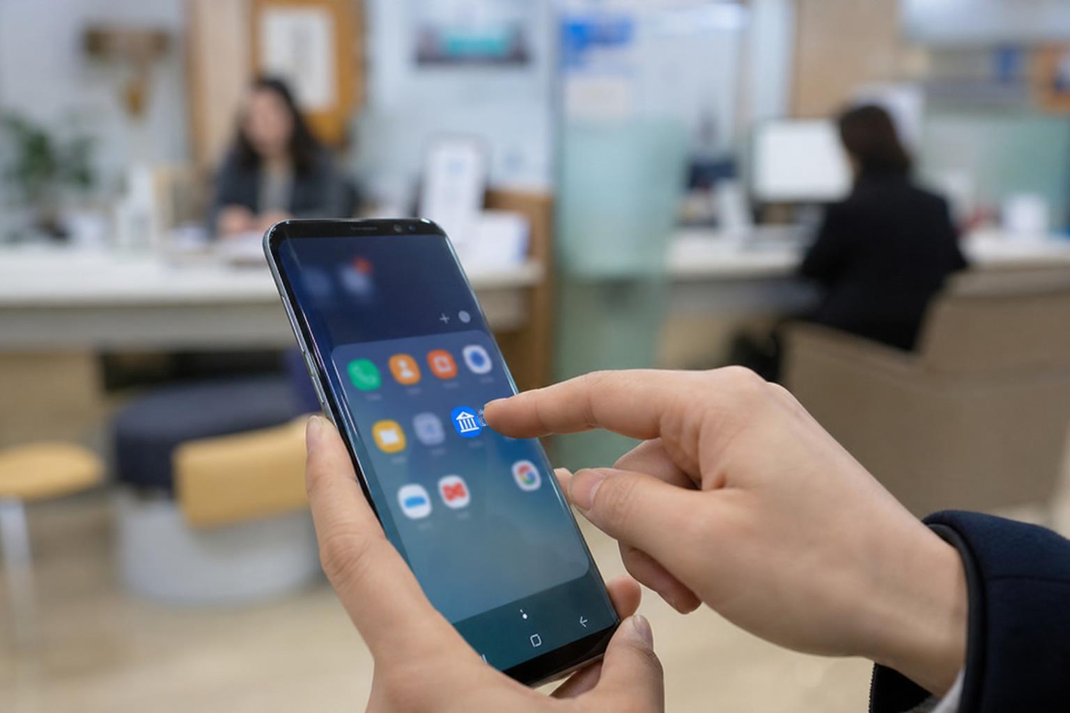 은행 앱 화면을 여는 손과 스마트폰 클로즈업