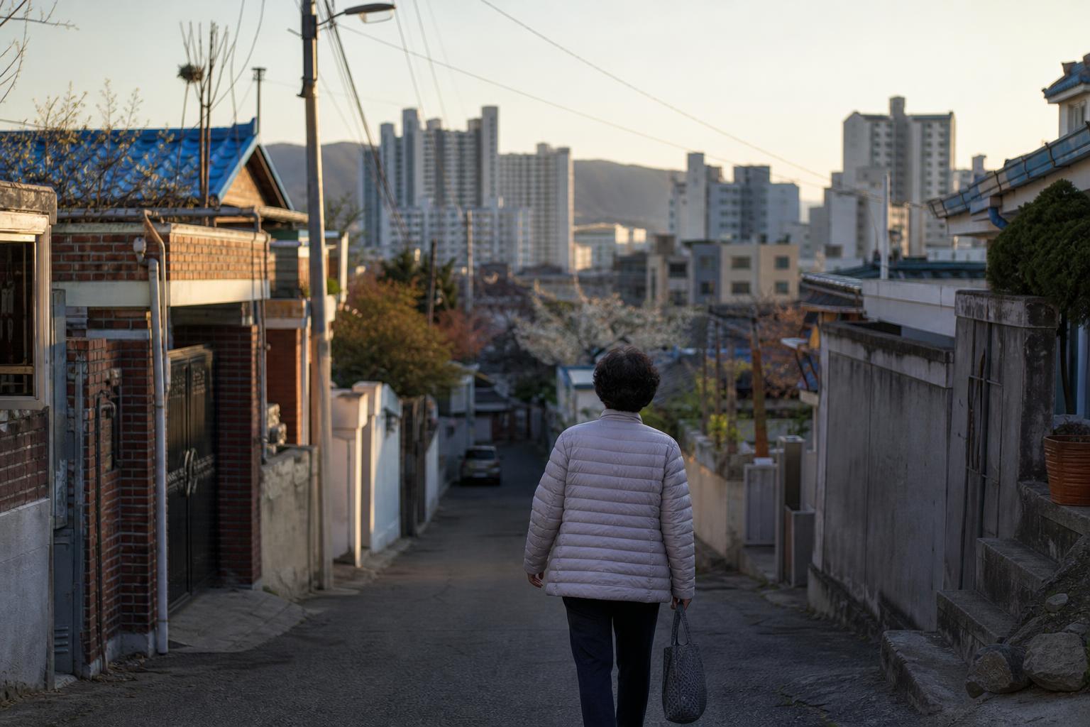 한국의 주택가 아파트 단지 위로 해가 지는 모습