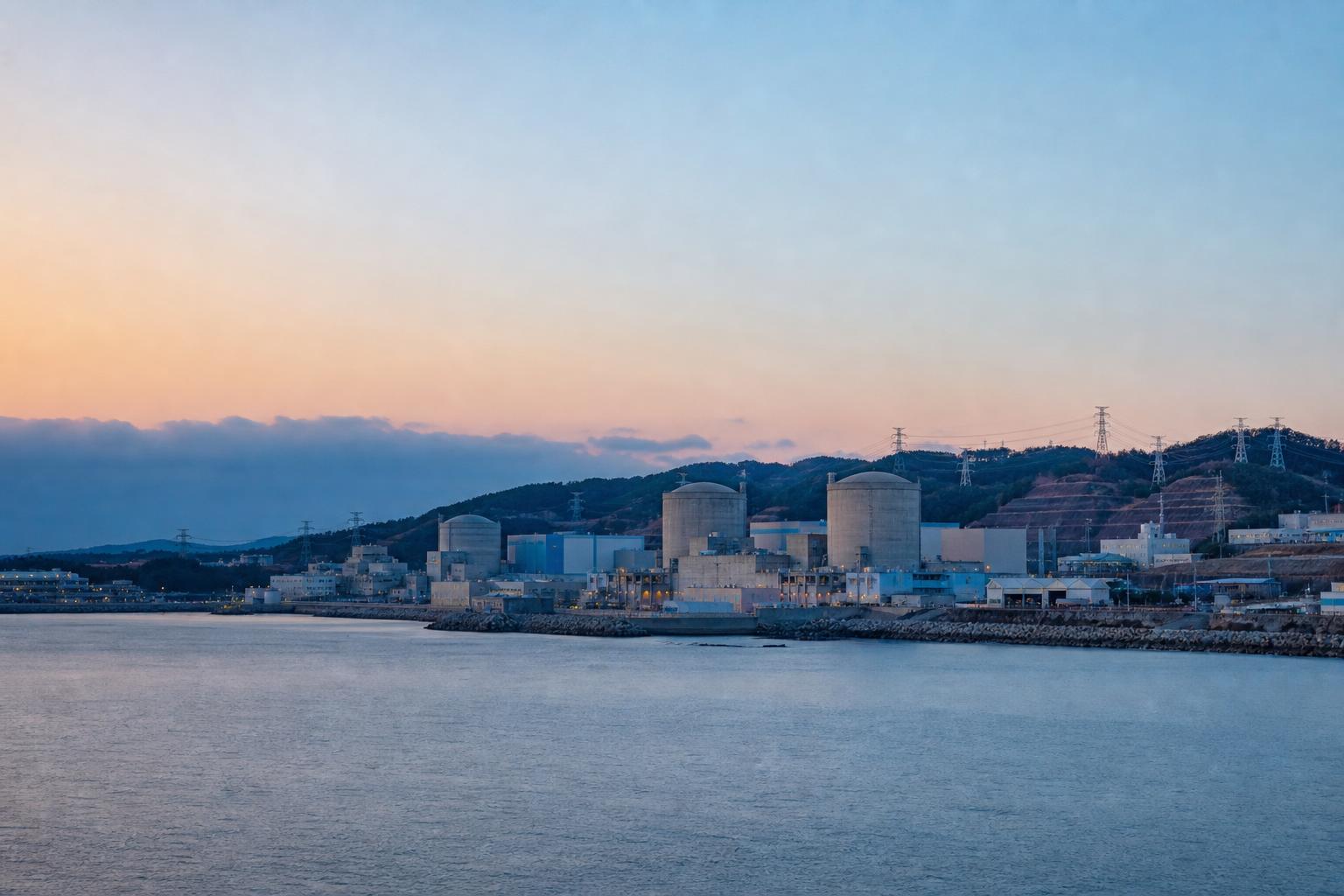 새벽 바다를 낀 해안 발전소 단지의 전경