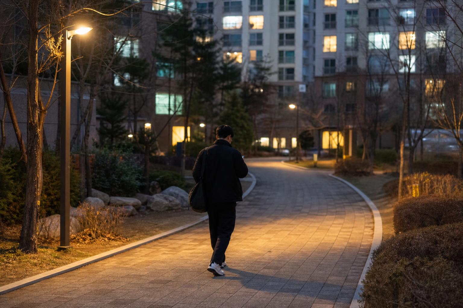 해 질 무렵 불 켜진 창이 늘어선 한국의 아파트 단지에서 스마트폰을 보며 길을 걷는 사람의 뒷모습