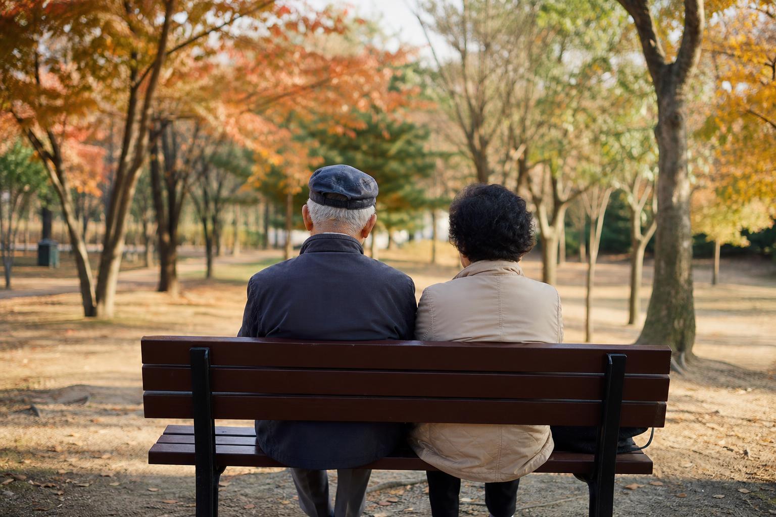 노년 부부가 공원 벤치에 나란히 앉아 있는 뒷모습