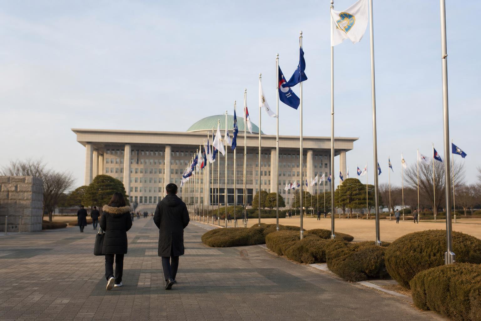 정부서울청사 앞 깃발이 늘어선 광장을 걷는 사람들의 뒷모습