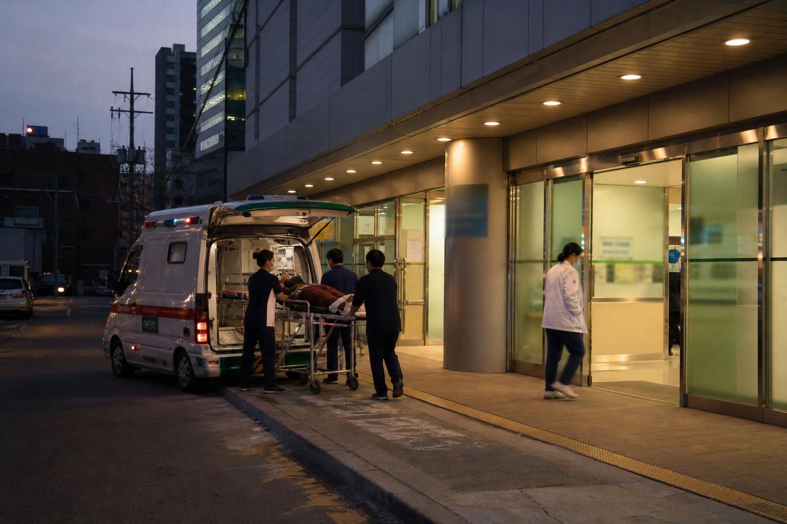 해 질 녘 병원 앞에 서 있는 구급차를 옆에서 본 도심 거리