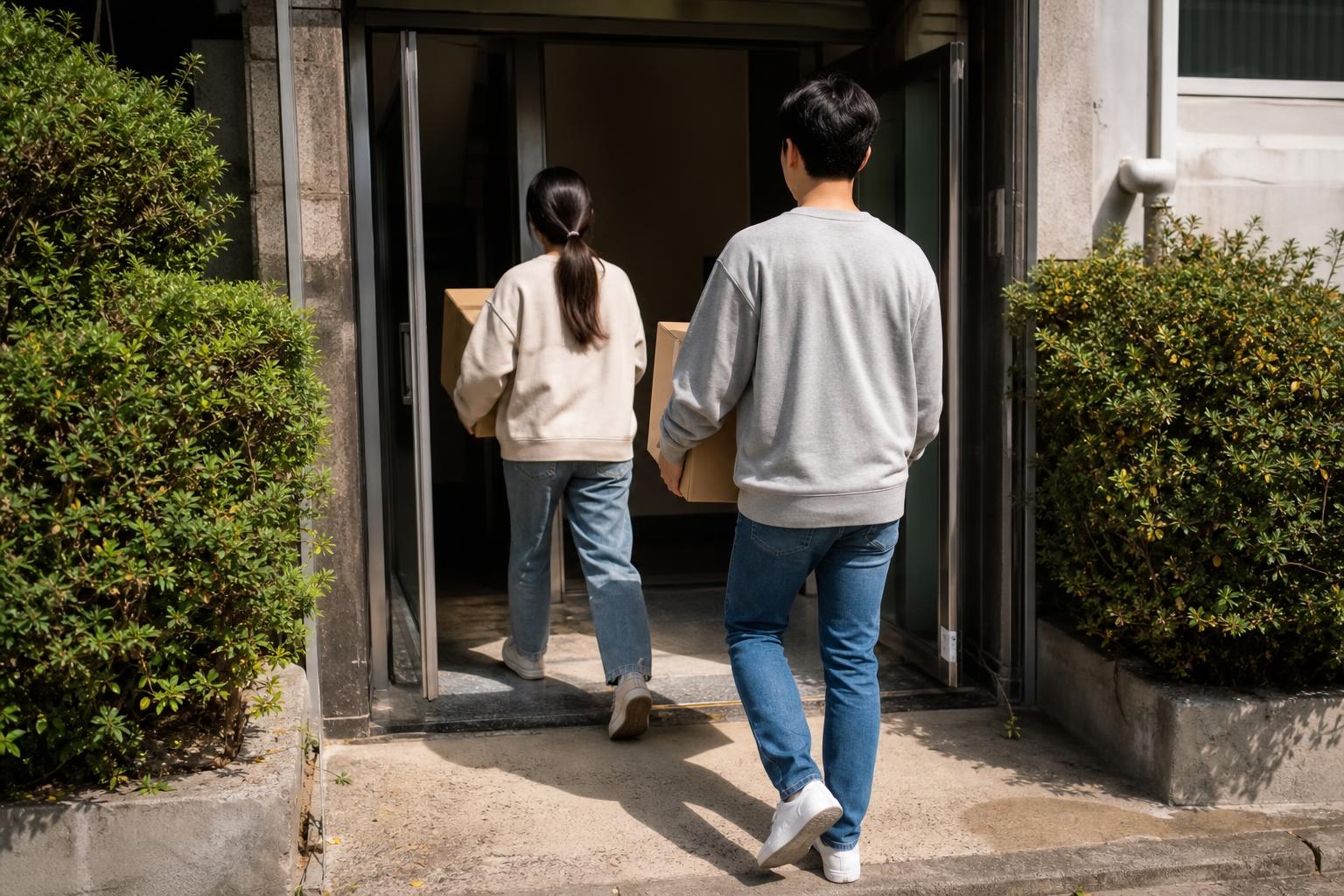 이삿짐을 들고 아파트 현관으로 들어서는 사람들의 뒷모습